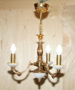 1 OF 4 RECCAGNI MADE IN ITALY BRASS & FROSTED GLASS 3 CANDLE LiGHT CHANDELIER