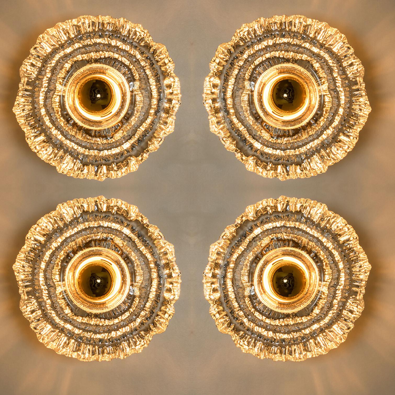 1 of 4 Round Gold Glass Wall Lights/Flush mounts by Peill Putzler, Germany, 1970 For Sale 2