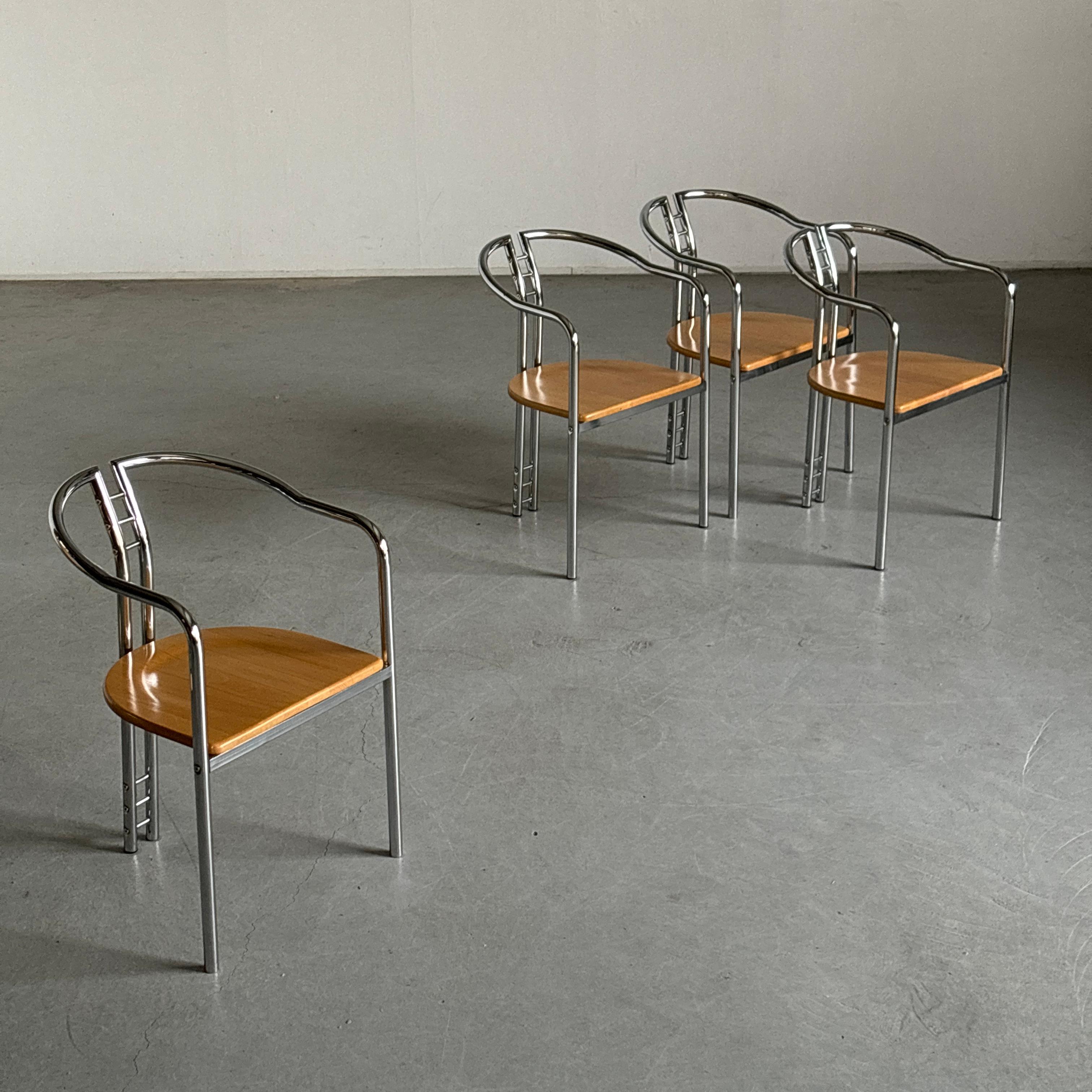 Post-Modern 1 of 4 Sculptural Postmodern Armchairs in Beechwood and Tubular Steel, Italy 80s