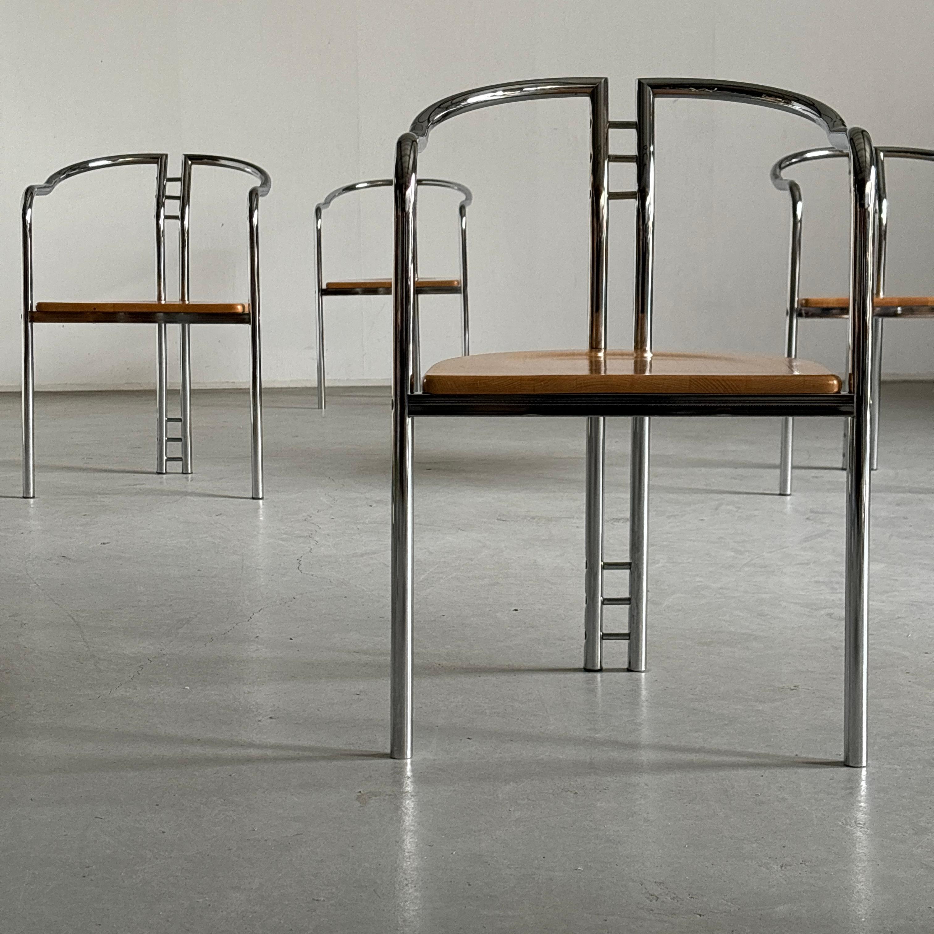 Italian 1 of 4 Sculptural Postmodern Armchairs in Beechwood and Tubular Steel, Italy 80s