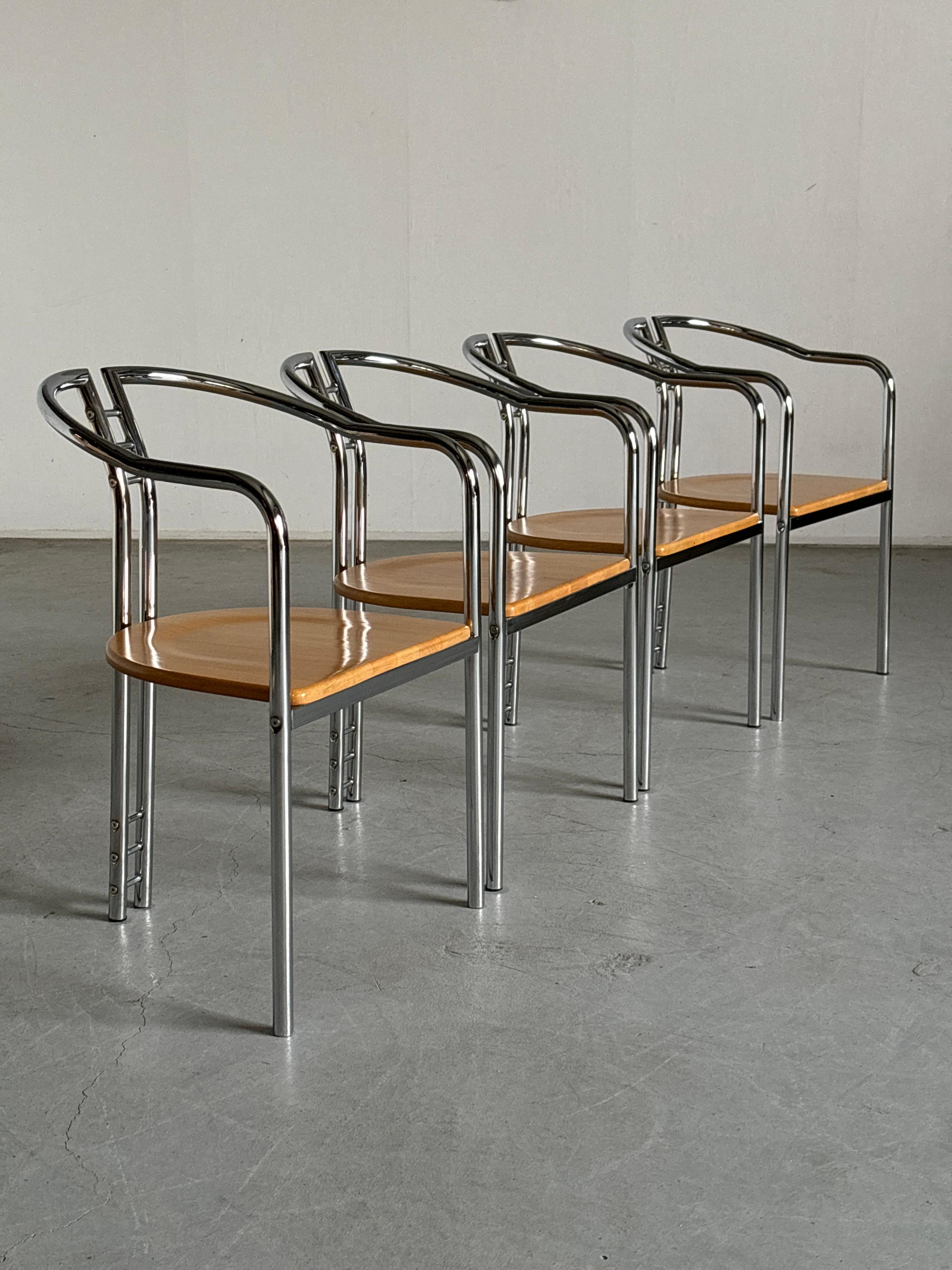1 of 4 Sculptural Postmodern Armchairs in Beechwood and Tubular Steel, Italy 80s In Good Condition In Zagreb, HR