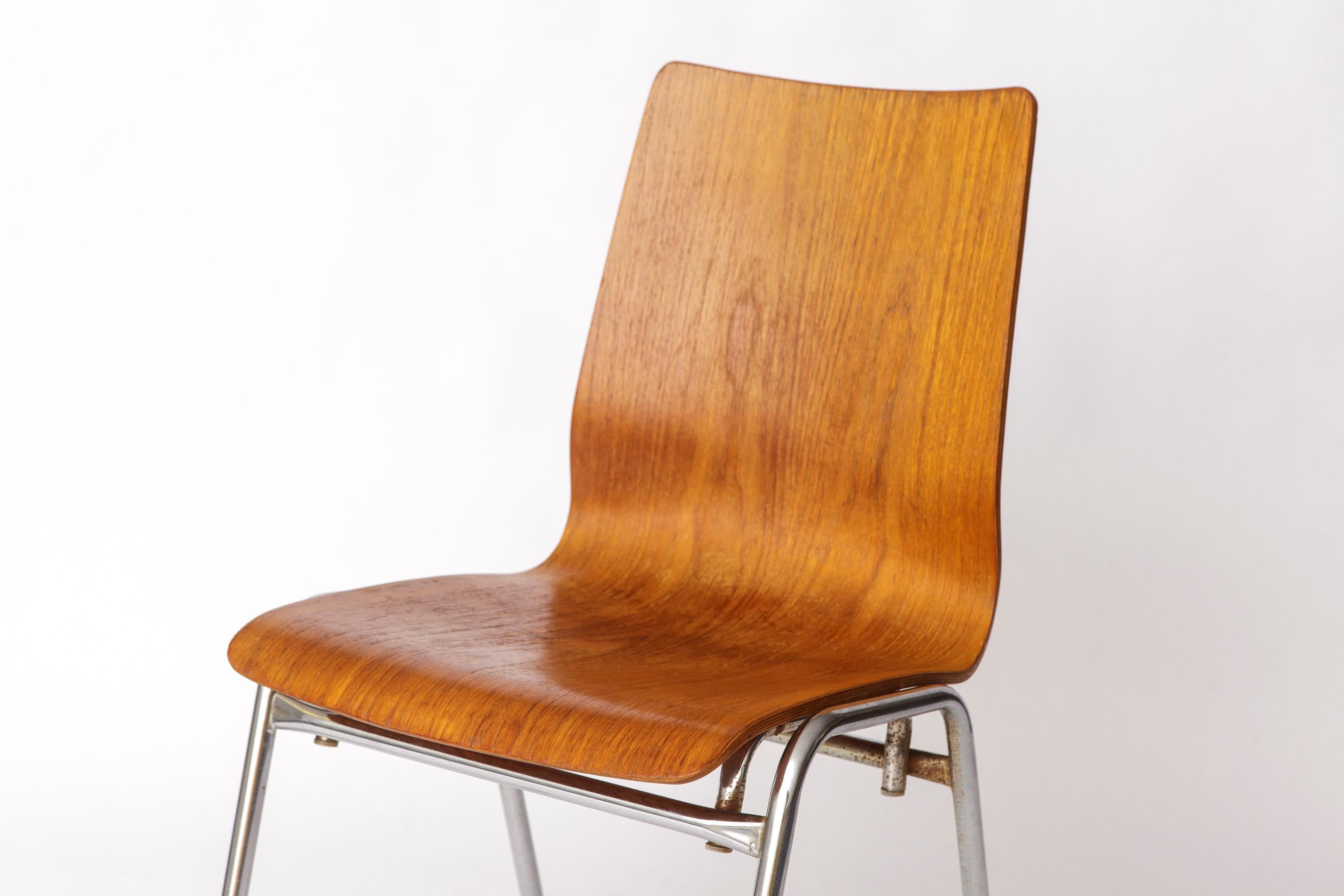 Polished 1 of 4 Vintage 1970s Teak & Metal Stacking Chair, Germany For Sale