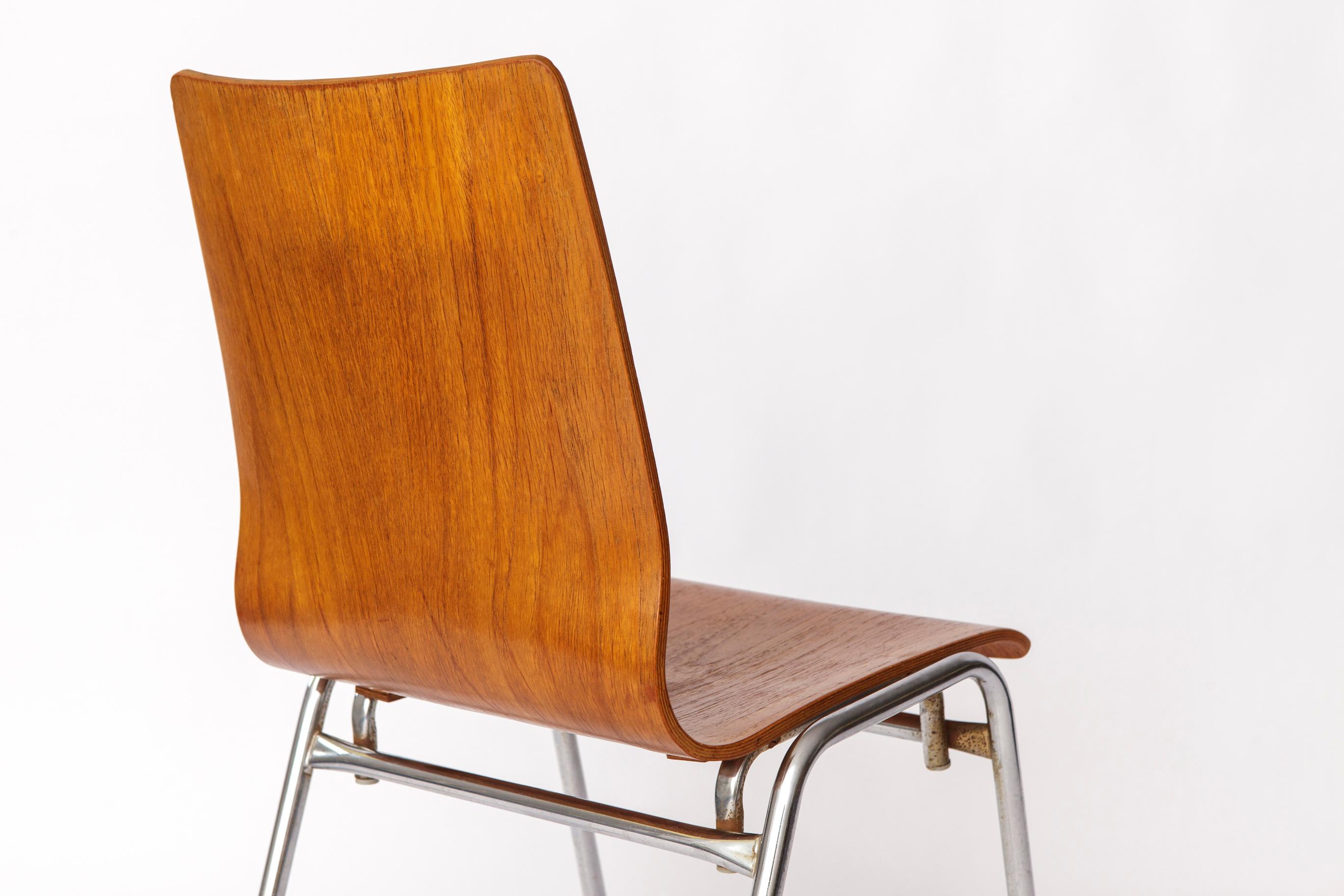 1 of 4 Vintage 1970s Teak & Metal Stacking Chair, Germany For Sale 1