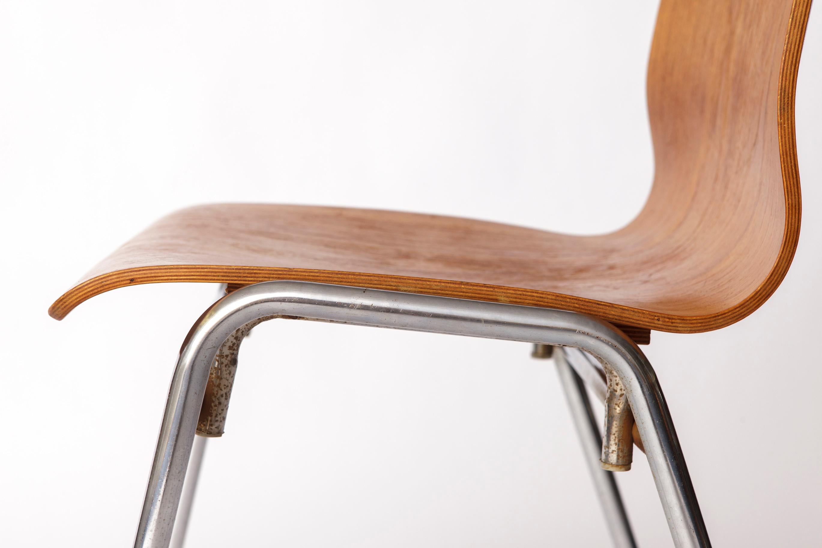 1 of 4 Vintage 1970s Teak & Metal Stacking Chair, Germany For Sale 2