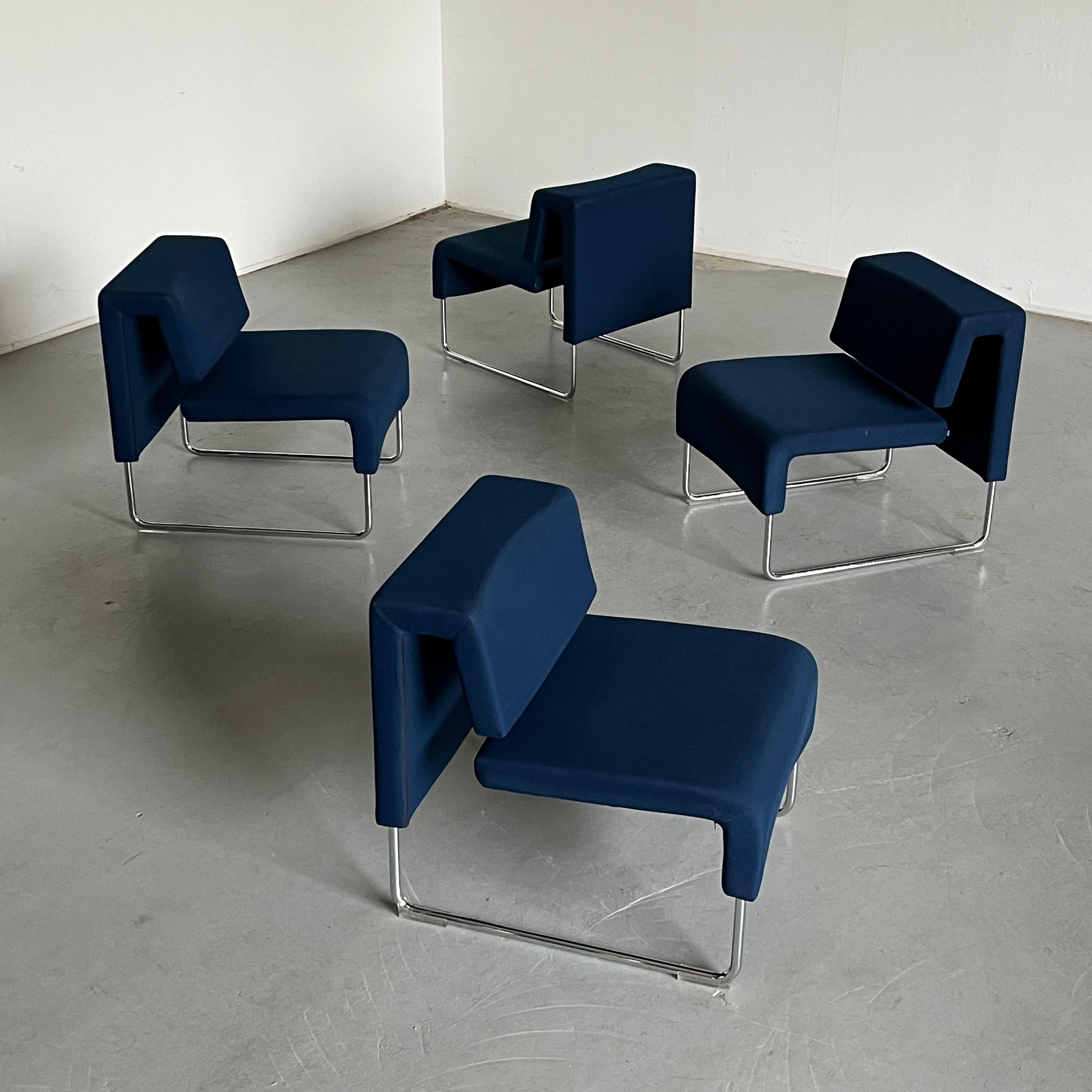 One of four ‘Path’ cantilever lounge chairs designed by Fiorenzo Dorigo for Sitland in the early 2000s. In blue upholstery.

Manufactured in the early 2000s in Italy.

In very good vintage condition with smaller expected signs of age. One plastic