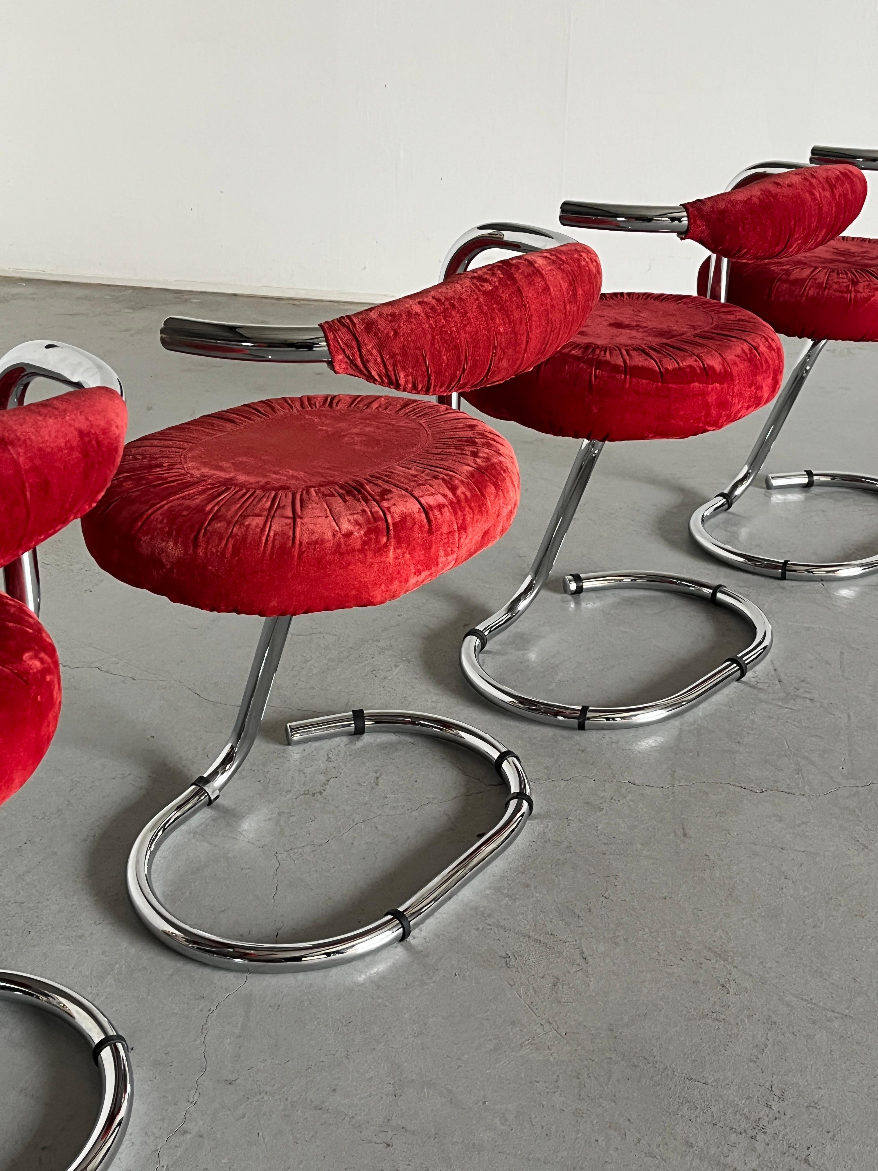 Steel 1 of 4 Vintage 'Cobra' Chairs by Giotto Stoppino in Red Velvet Upholstery, 1970s For Sale