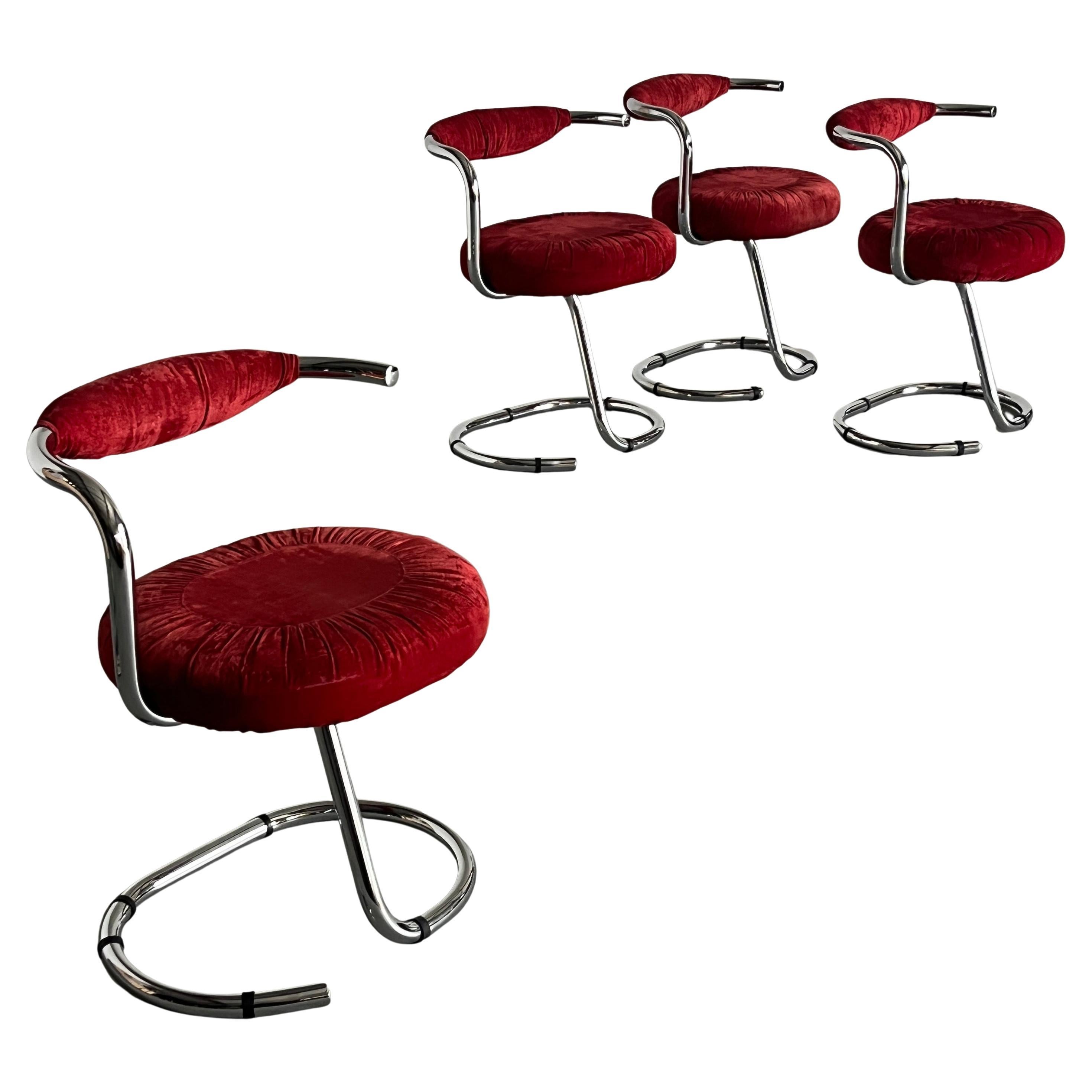 1 of 4 Vintage 'Cobra' Chairs by Giotto Stoppino in Red Velvet Upholstery, 1970s