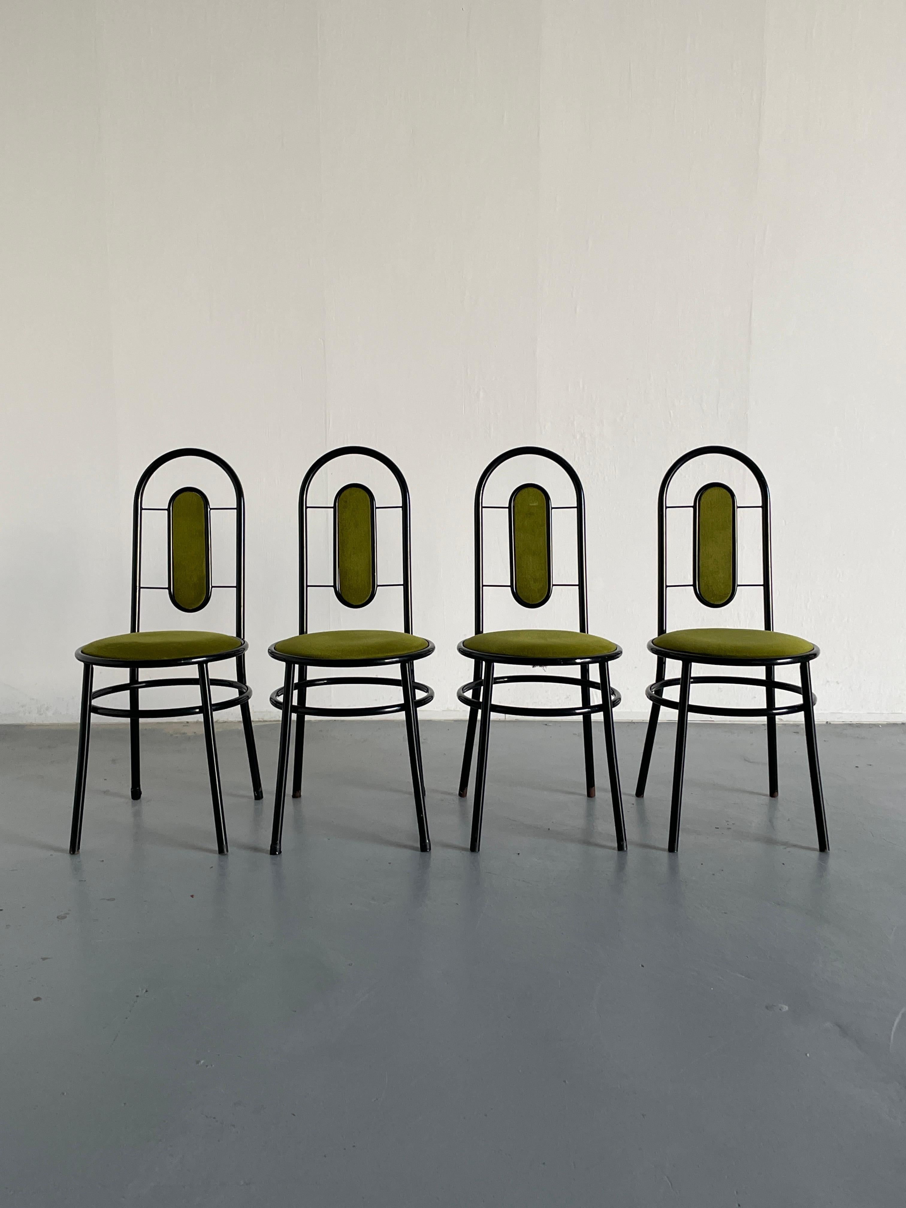 Four vintage Italian postmodernist sculptural chairs, following the Memphis Milano style.
A postmodern variation of the iconic Thonet no. 17 chair, made from a metal structure and upholstered wooden seat and backrest detail.

Unknown Italian