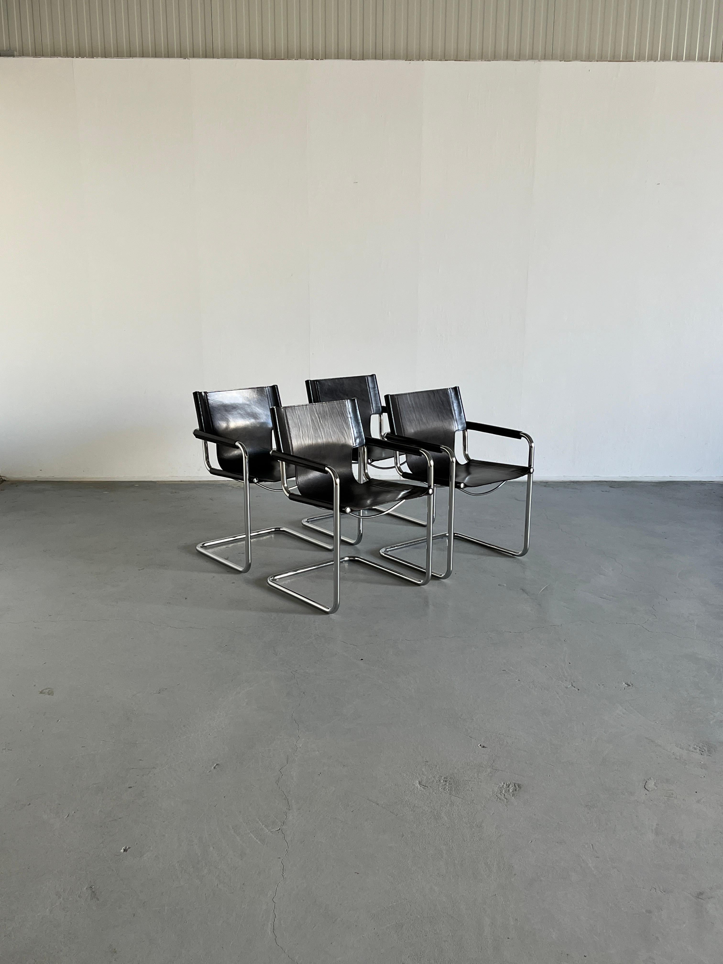 Four vintage Bauhaus design dark brown leather cantilever chairs, in style of Matteo Grassi or Fasem Madrid chairs based on the designs of Mart Stam.
Thick dark brown leather and chromed tubular steel construction.
High-quality Italian production of