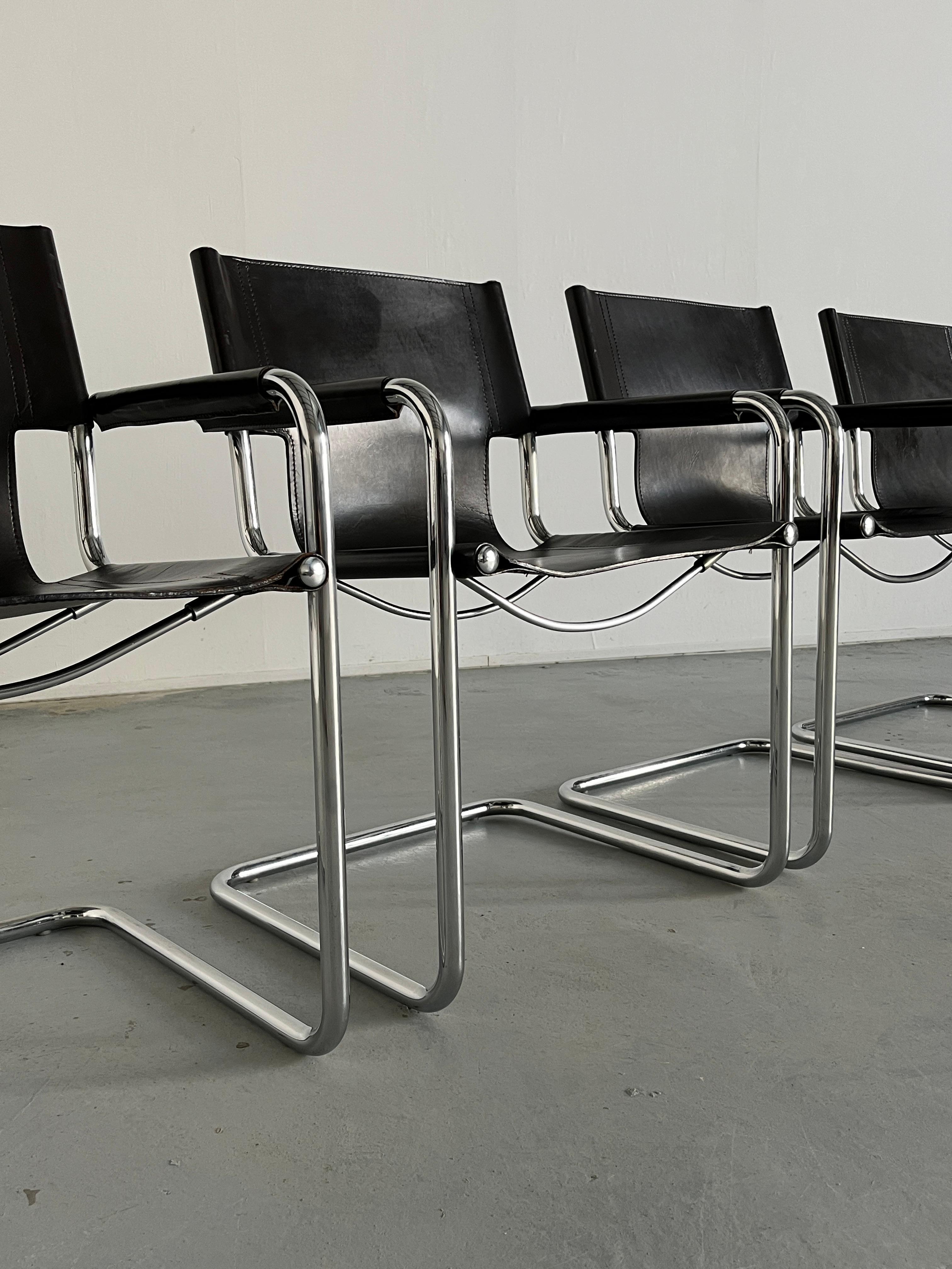 Steel 1 of 4 Vintage Leather Cantilever Armchairs in Style of Matteo Grassi, Italy 80s