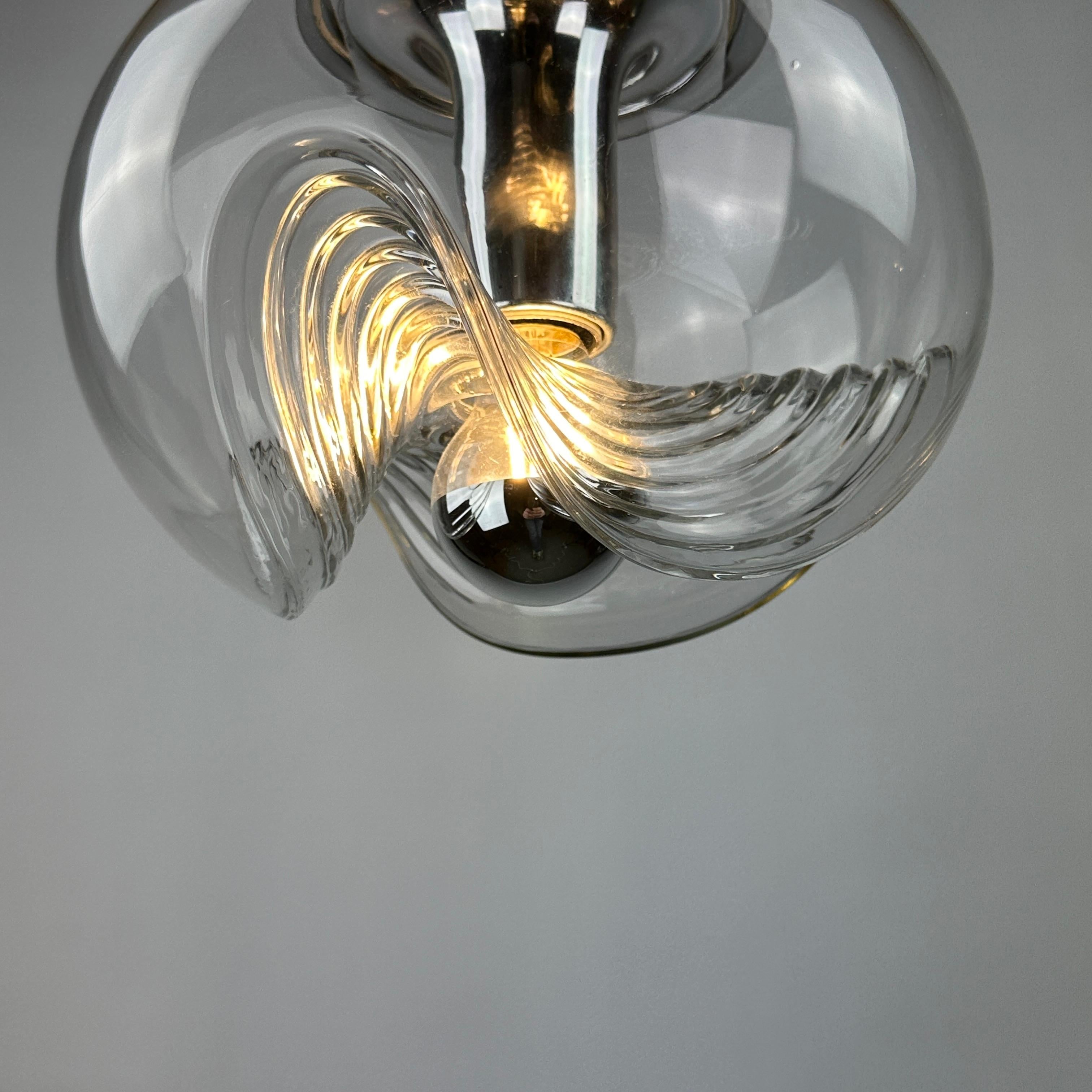 German 1 of 4 Waved glass and chrome Peill & Putzler Futura pendant light, 1970 Medium For Sale