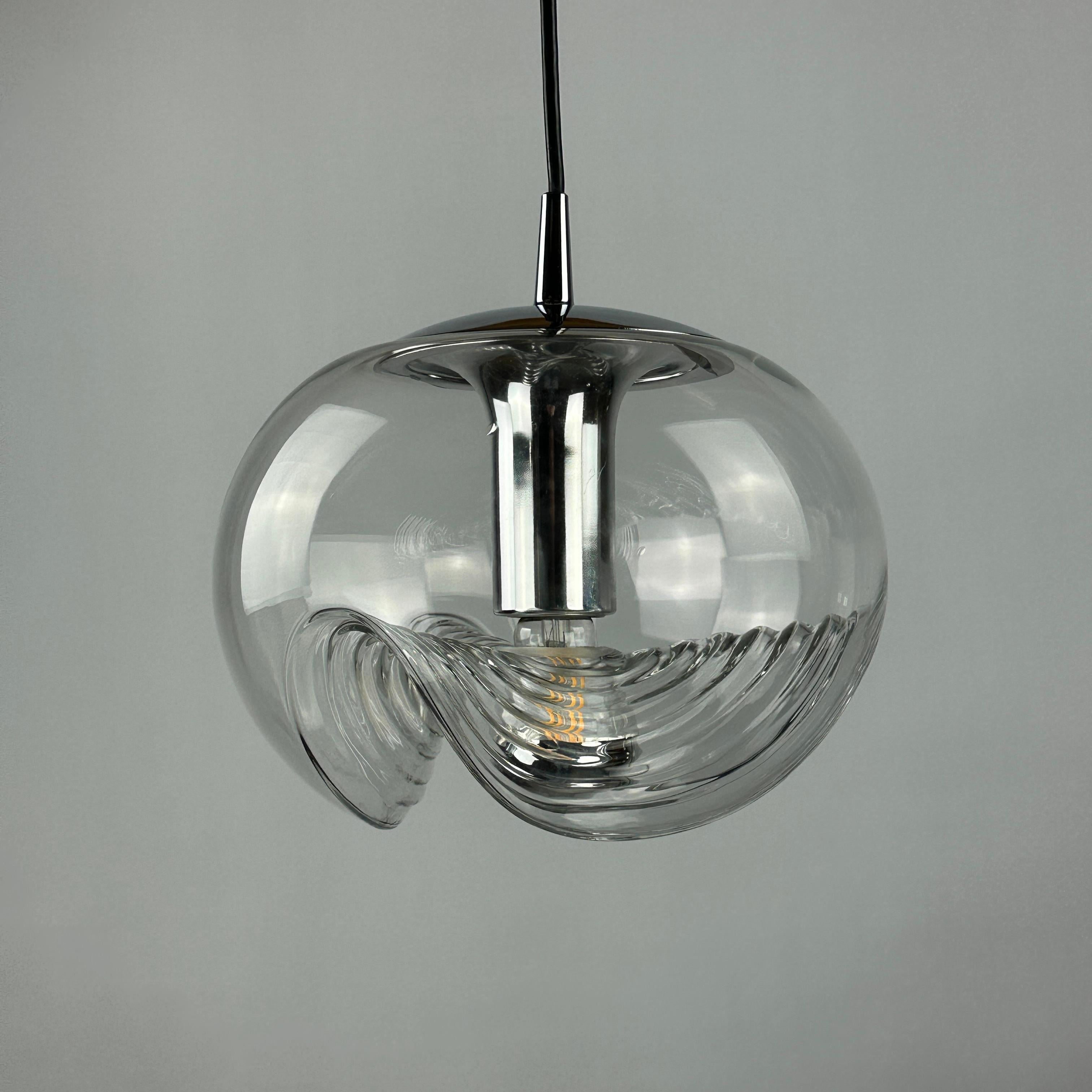 20th Century 1 of 4 Waved glass and chrome Peill & Putzler Futura pendant light, 1970 Medium For Sale