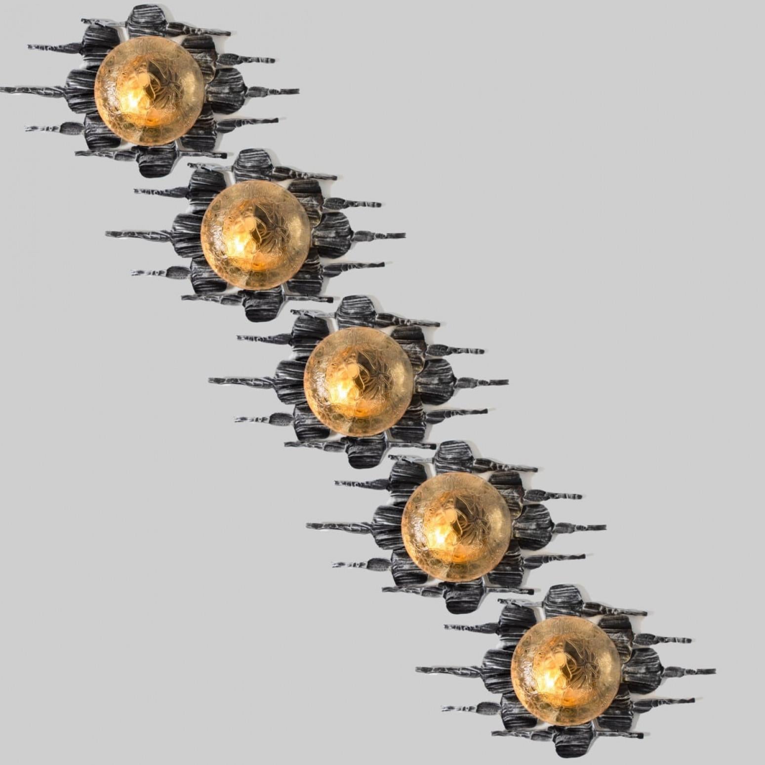 1 of 5 Brutalist Yellow Iron Glass Flush Mounts by Holm Sorensen en venta 2