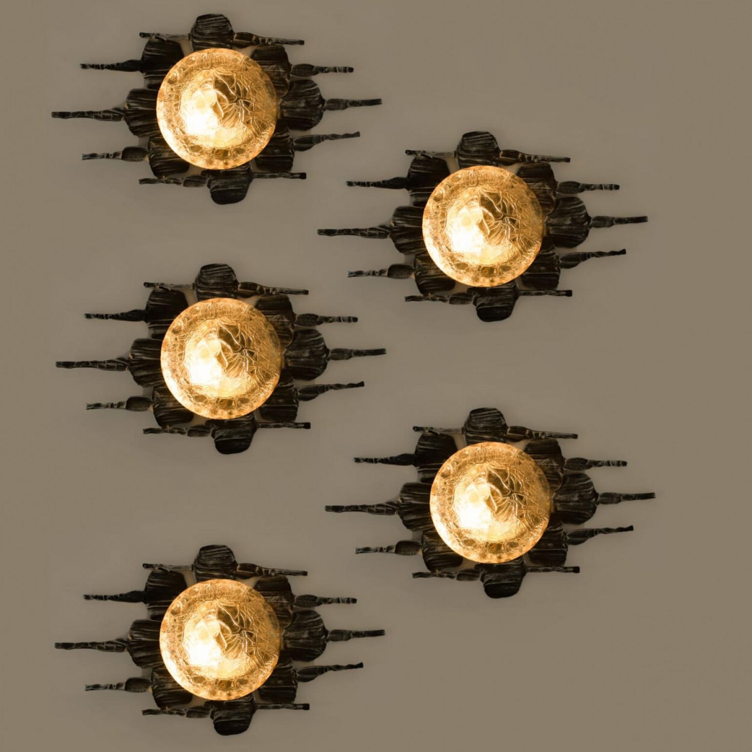 1 of 5 Brutalist Yellow Iron Glass Flush Mounts by Holm Sorensen en venta 4