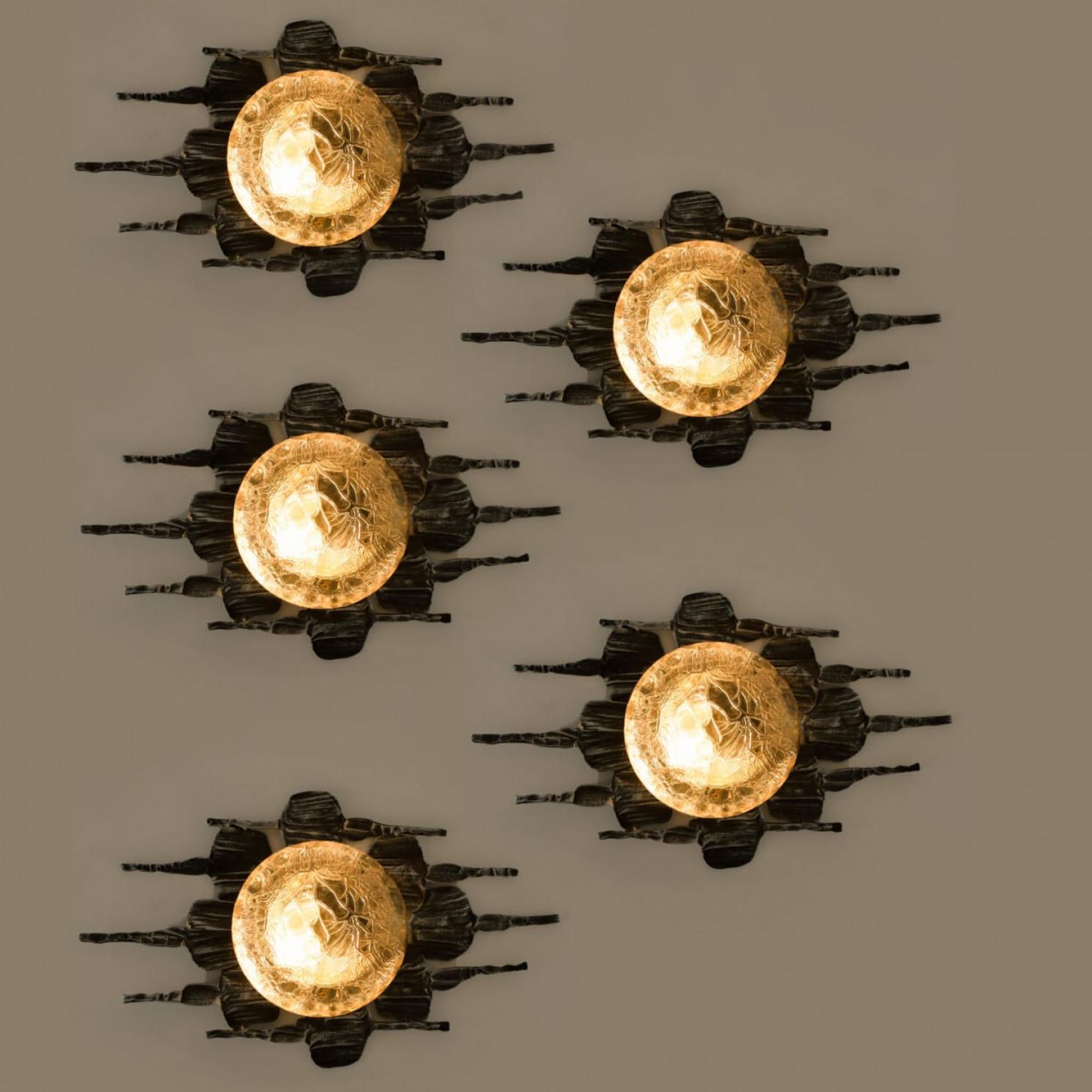 1 of 5 Brutalist Yellow Iron Glass Flush Mounts by Holm Sorensen For Sale 7