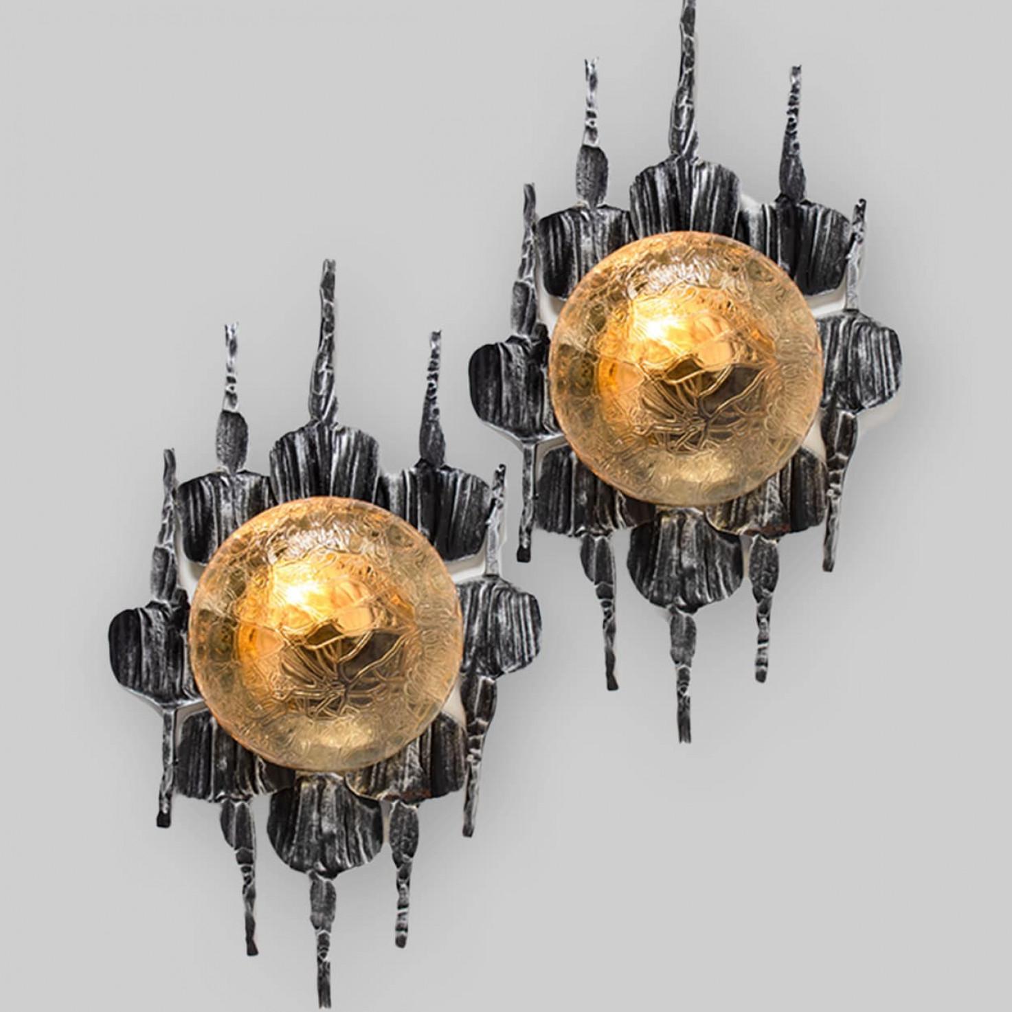 1 of 5 beautiful gray and yellow iron flush mounts. Manufactured in Denmark during the 1960s. Original and well kept. Each flush mount composed of large acid treated plates welded together, with a yellow bulb in the middle.

The lamp suits many