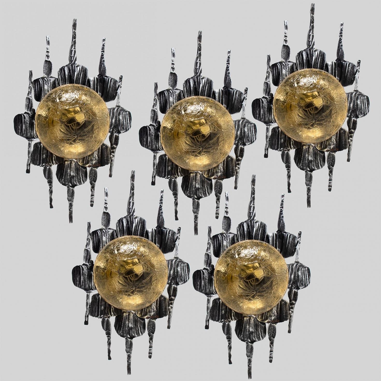 1 of 5 Brutalist Yellow Iron Glass Flush Mounts by Holm Sorensen en venta 12