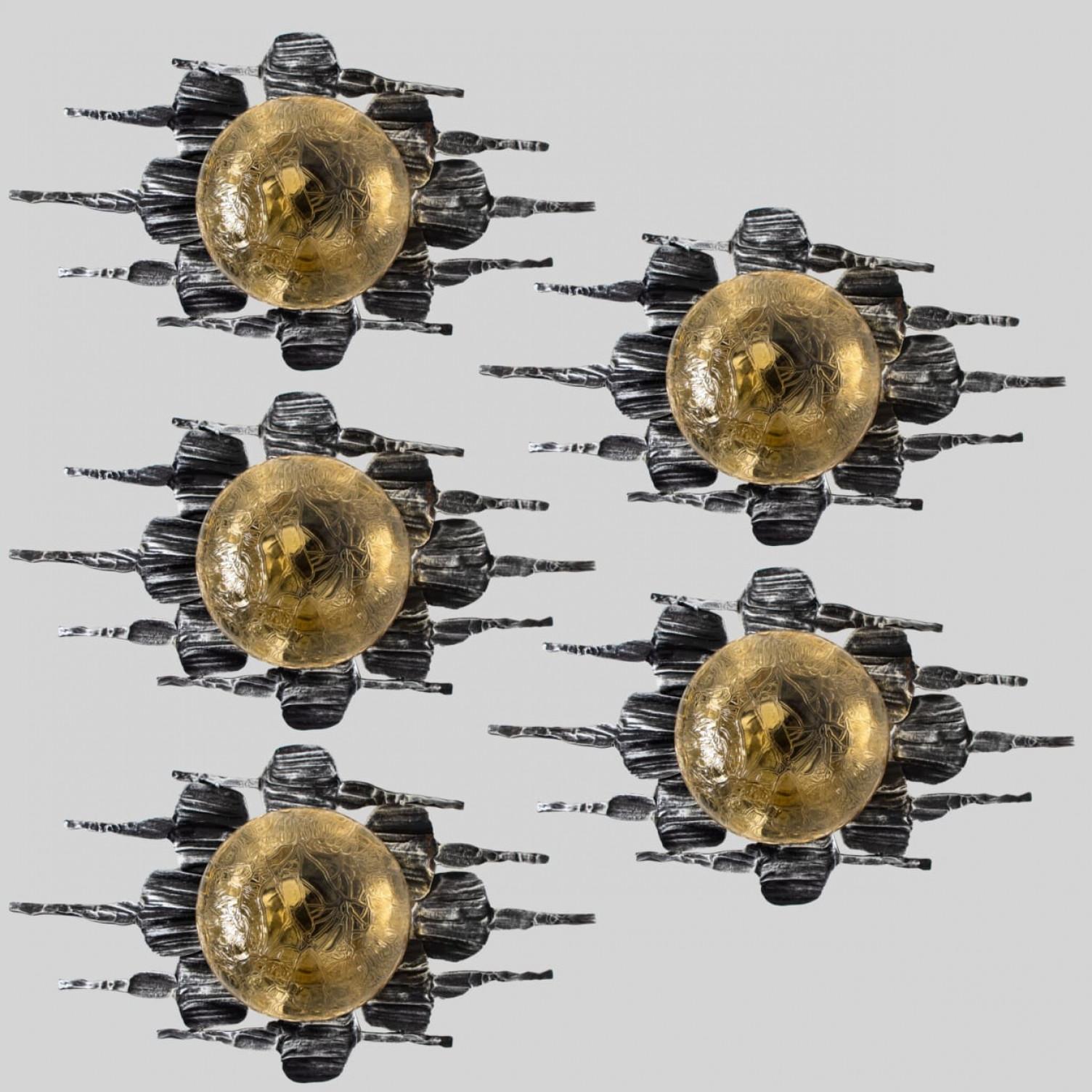 1 of 5 Brutalist Yellow Iron Glass Flush Mounts by Holm Sorensen In Good Condition For Sale In Rijssen, NL