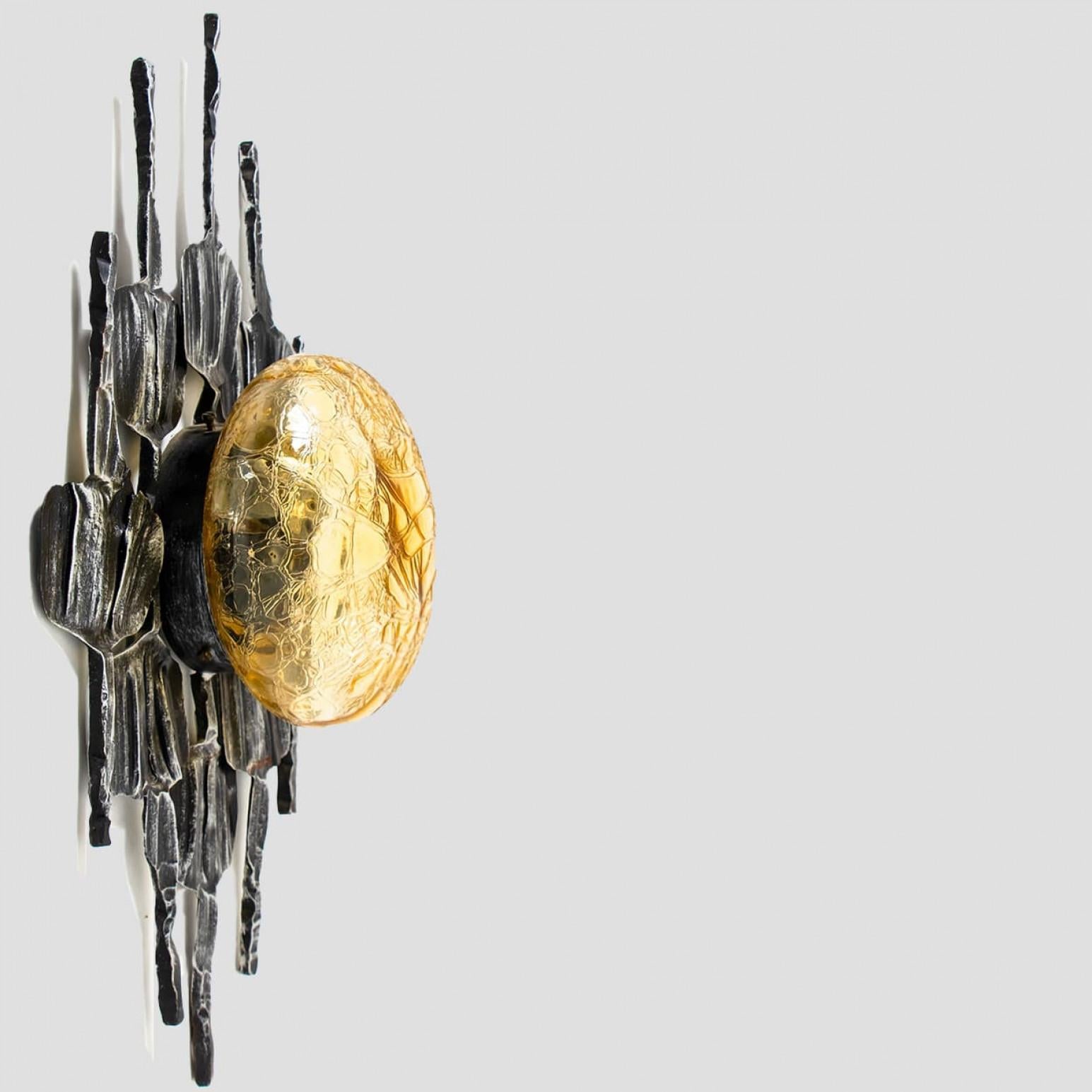 1 of 5 Brutalist Yellow Iron Glass Flush Mounts by Holm Sorensen en Bueno estado para la venta en Rijssen, NL