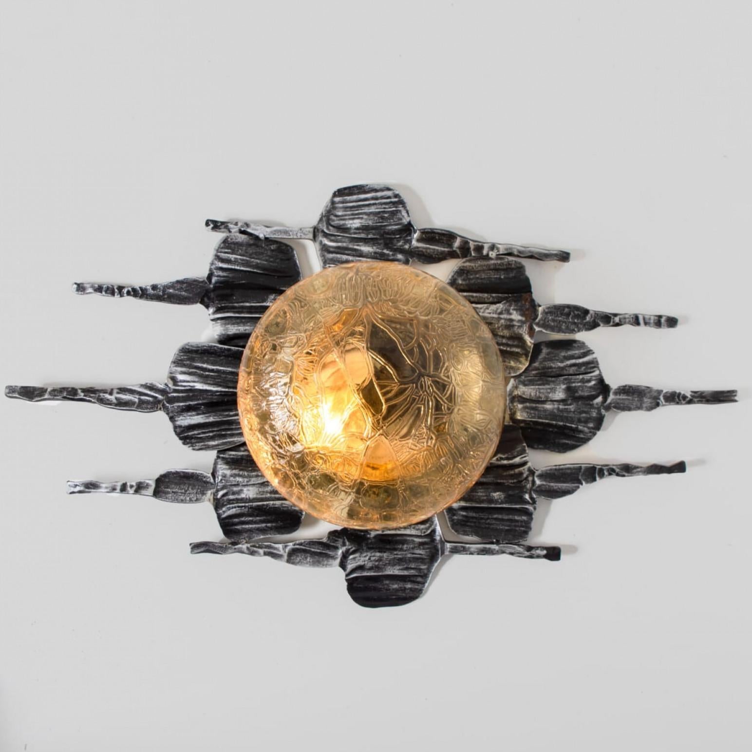 1 of 5 Brutalist Yellow Iron Glass Flush Mounts by Holm Sorensen en venta 1