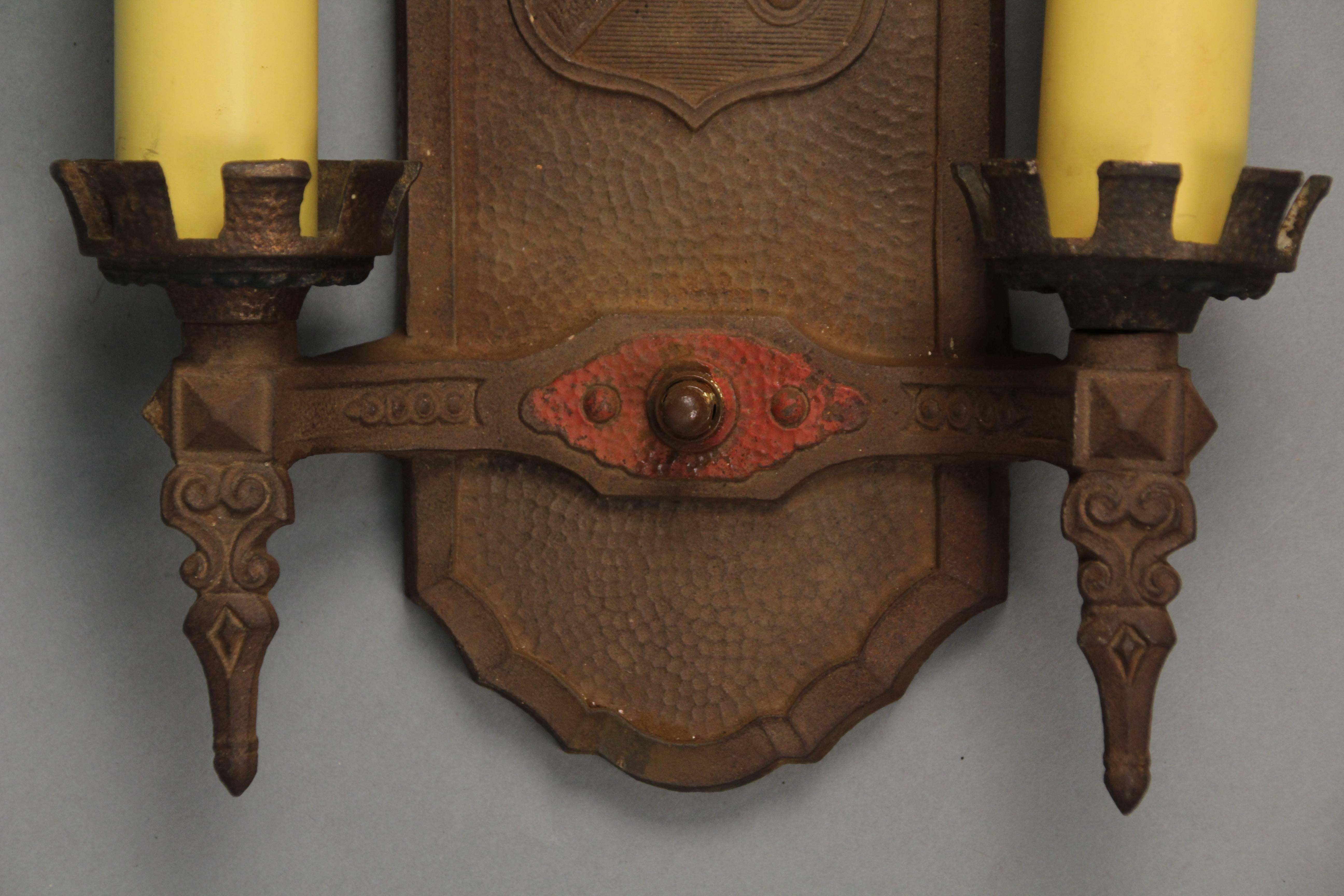North American 1 of 5 Double Sconces with Knight, circa 1920s For Sale