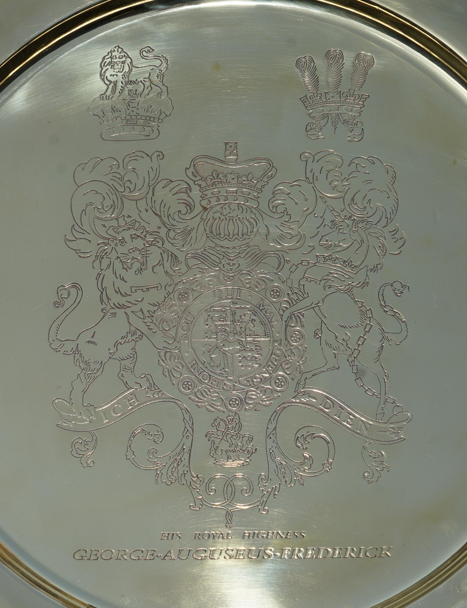 Edwardian 1 of 4 King George Auguseue Frederick Arms Gilt Sterling Silver Plated Trays For Sale