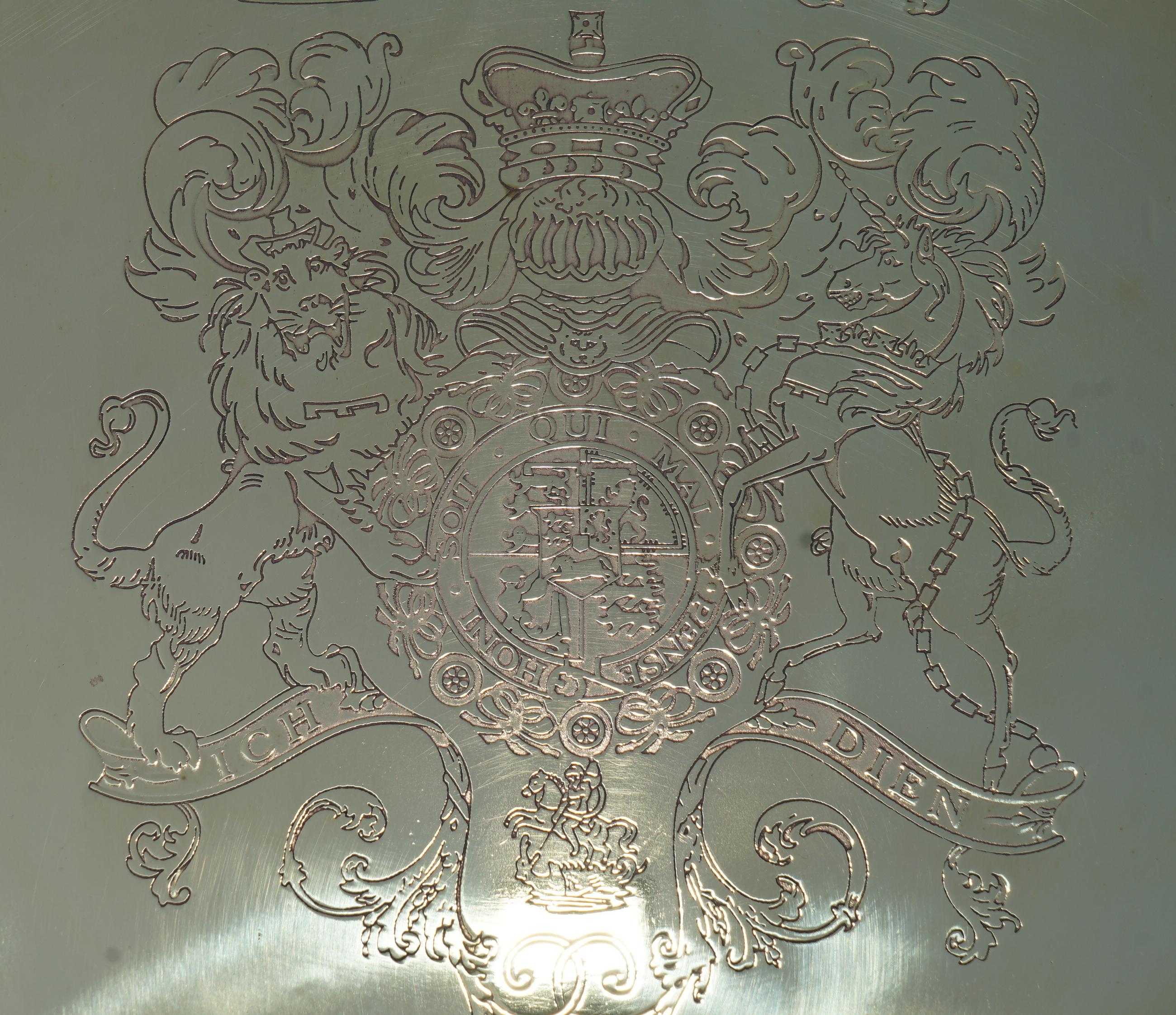 English 1 of 4 King George Auguseue Frederick Arms Gilt Sterling Silver Plated Trays For Sale