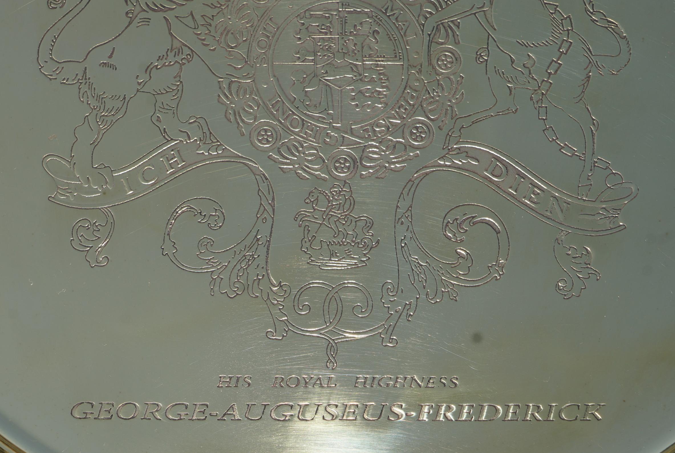 Hand-Crafted 1 of 4 King George Auguseue Frederick Arms Gilt Sterling Silver Plated Trays For Sale