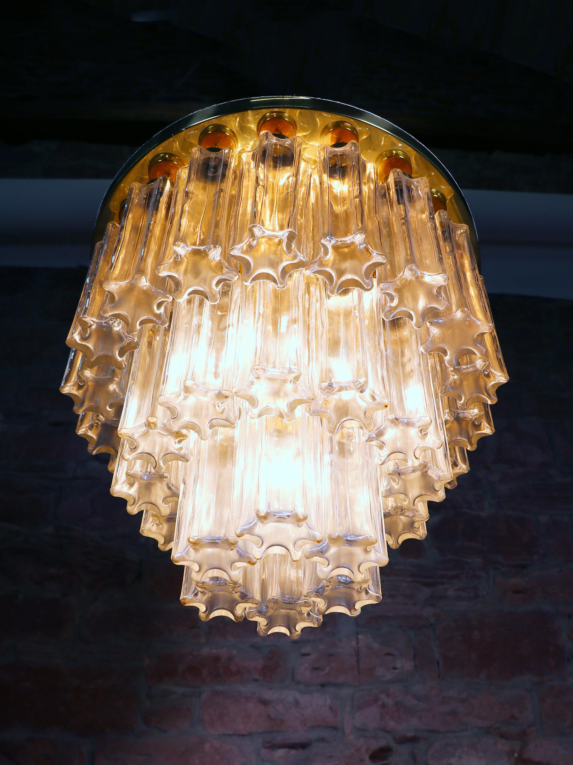 Mid-Century Modern 1 (of 2) 1960 Germany Limburg Large Flush Mount Chandelier Glass & Brass