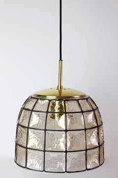 1 of a Pair Limburg Vintage Black Iron Glass & Brass Bell Pendant Lights, c.1965