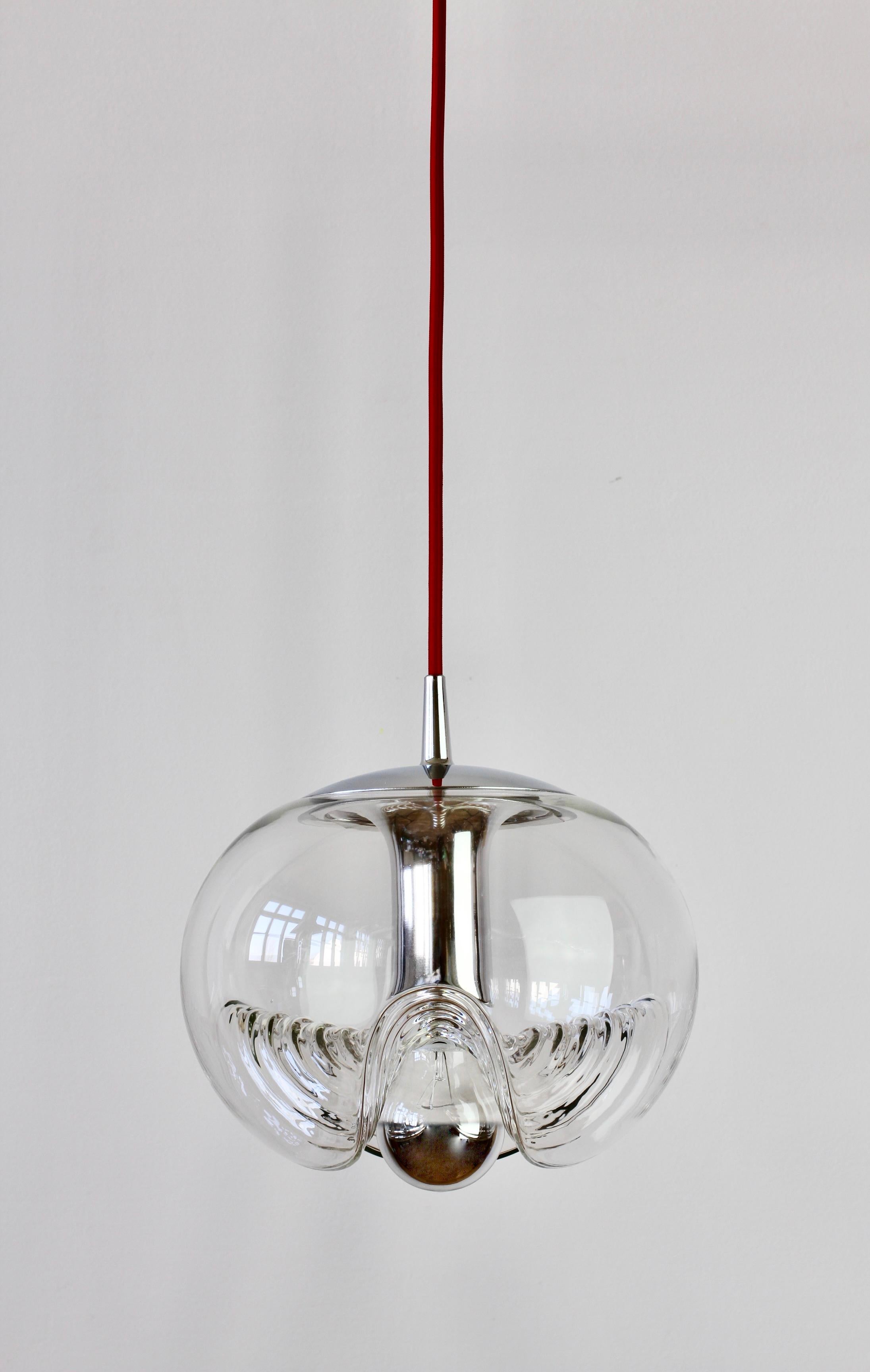 Mid-Century Modern 1 of 5 Peill & Putzler Biomorphic Clear Glass / Chrome Pendant Lights, 1970s