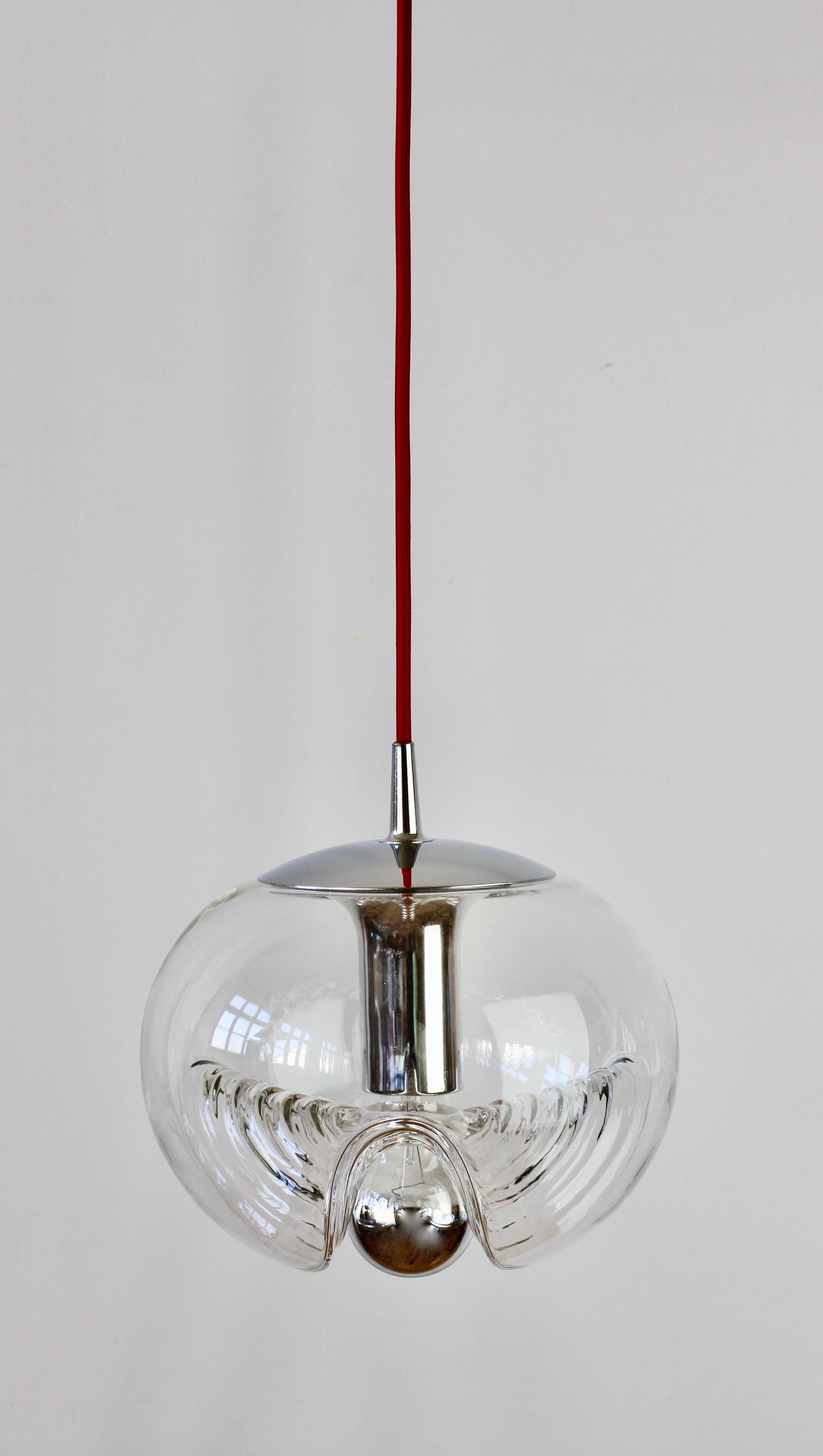 German 1 of 5 Peill & Putzler Biomorphic Clear Glass / Chrome Pendant Lights, 1970s