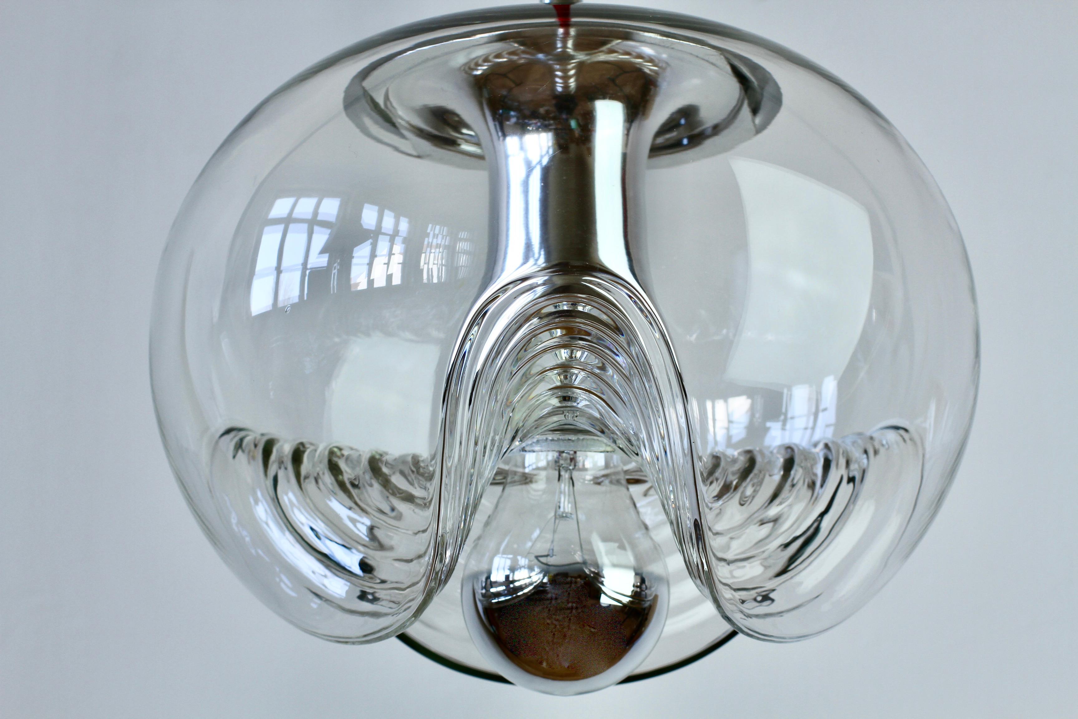 Molded 1 of 5 Peill & Putzler Biomorphic Clear Glass / Chrome Pendant Lights, 1970s