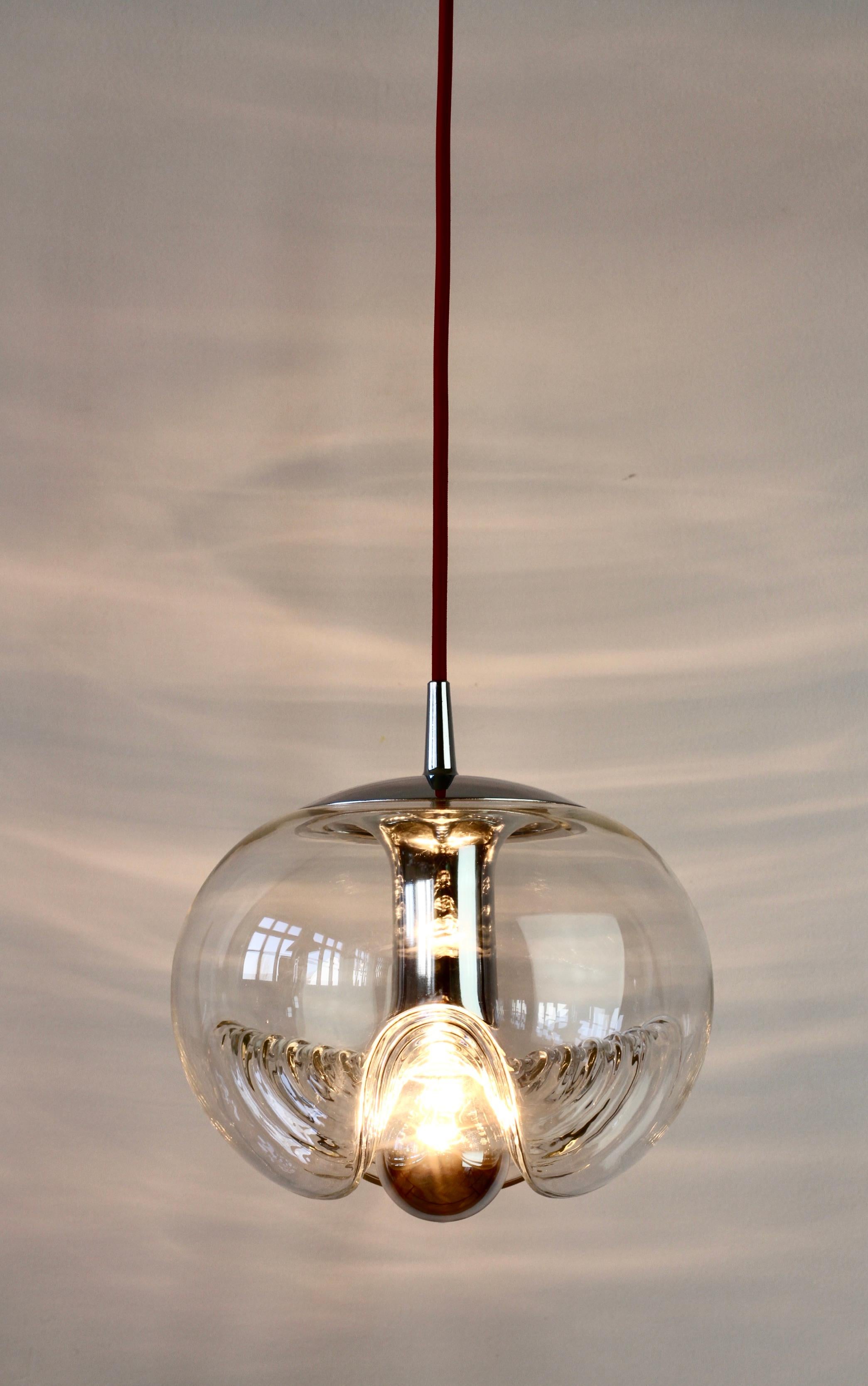 Blown Glass 1 of 5 Peill & Putzler Biomorphic Clear Glass / Chrome Pendant Lights, 1970s