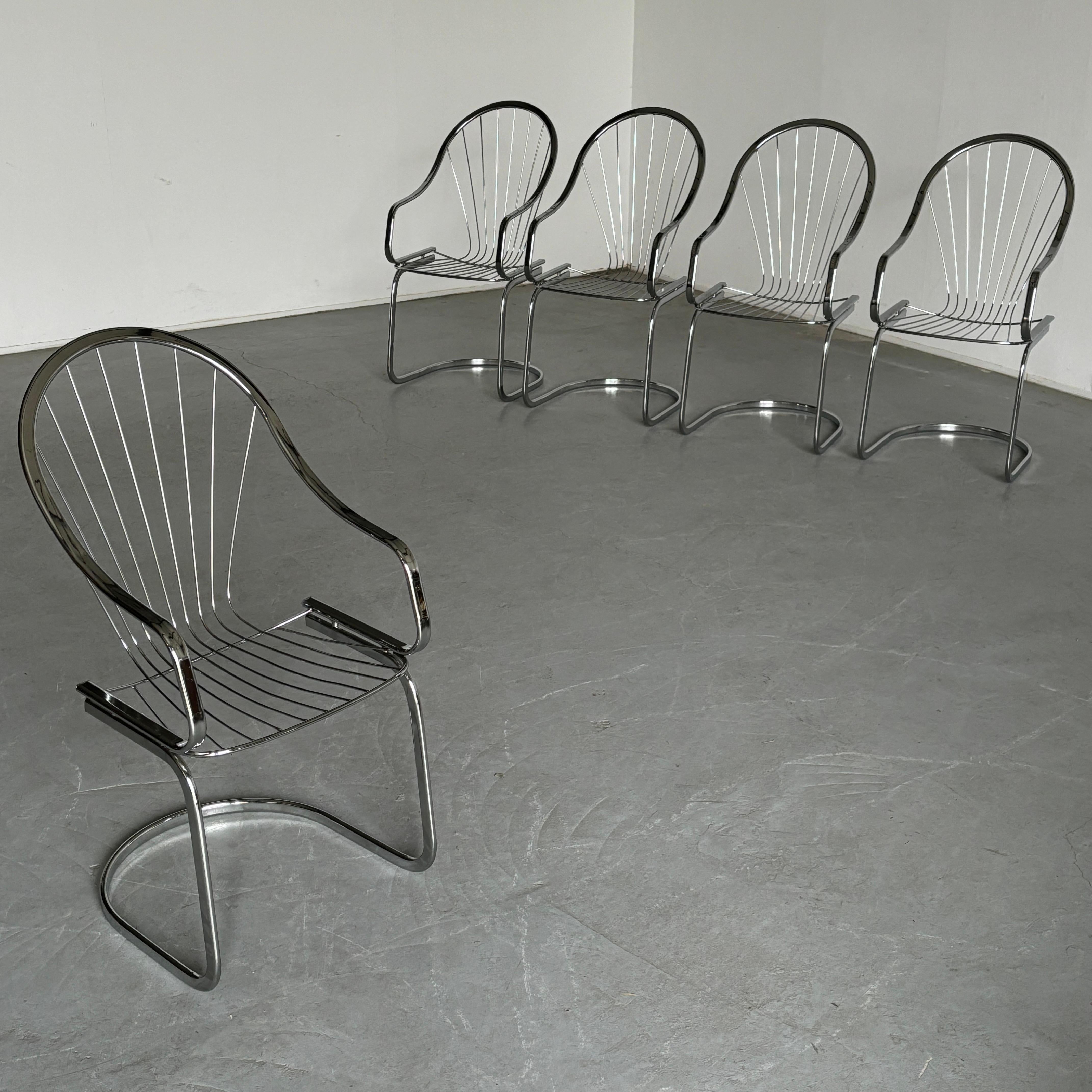 One of five elegant, space age dining chairs completely in chromed steel by famed Italian designer Gastone Rinaldi for Rima Italy.
Produced in Italy, 1970s.

Price is for a single piece.
Five available.

Overall very well preserved and in very good