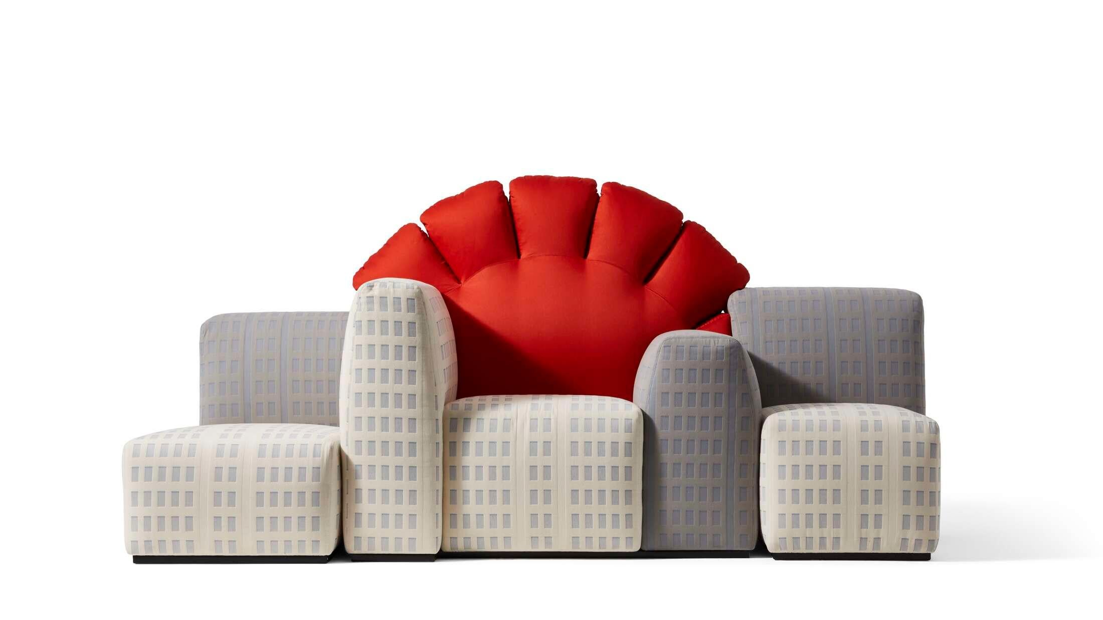 1 of 50 limited edition Tramonto A New York Sofa by Gaetano Pesce for Cassina
For the three-seater sofa, the padded skyscrapers are upholstered in an exclusive fabric with a raised texture that juxtaposes light and shadow, creating the effect of