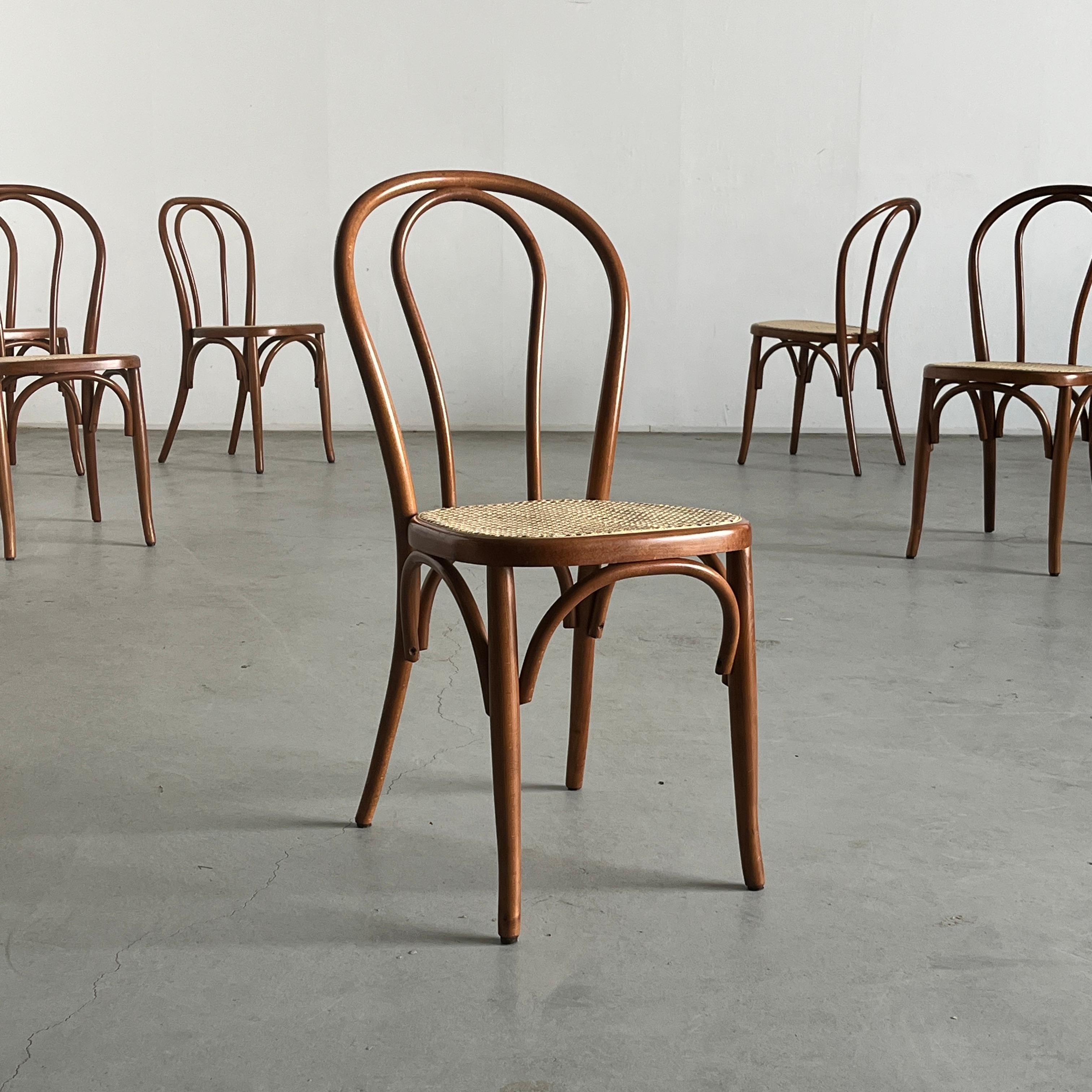 Wooden light brown Thonet style bentwood chair, in the style of the popular model no. 14., without a doubt the most famous piece in Thonets’ rich history.
Designed in 1895. 
The chairs featured here are an unknown production of the 1970s, not