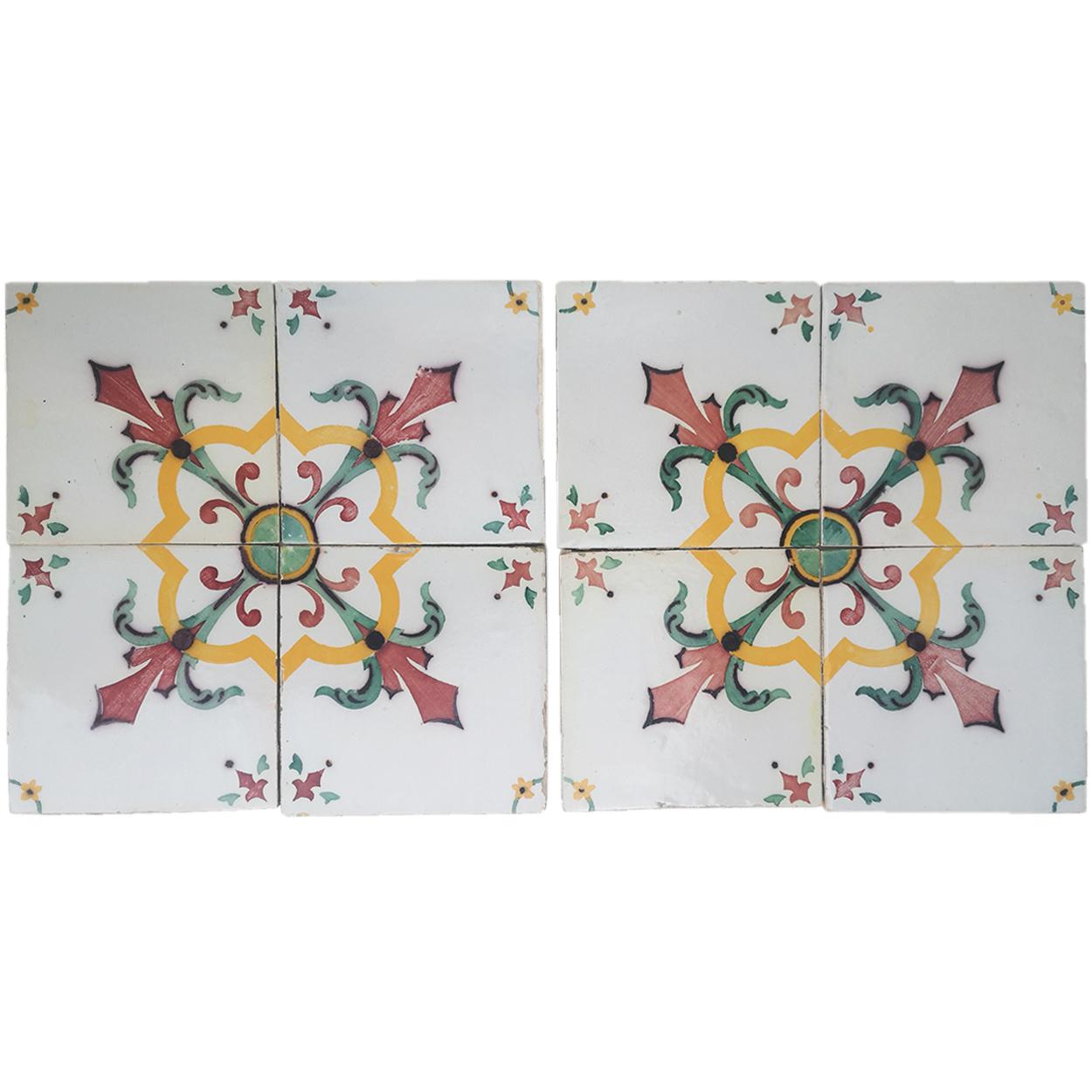 One of 52 antique French handmade ceramic tiles. Manufactured by Devres, circa 1920s. Colorful pattern in yellow, red and green. These tiles would be charming displayed on easels, framed or incorporated into a custom tile design.

Please notice