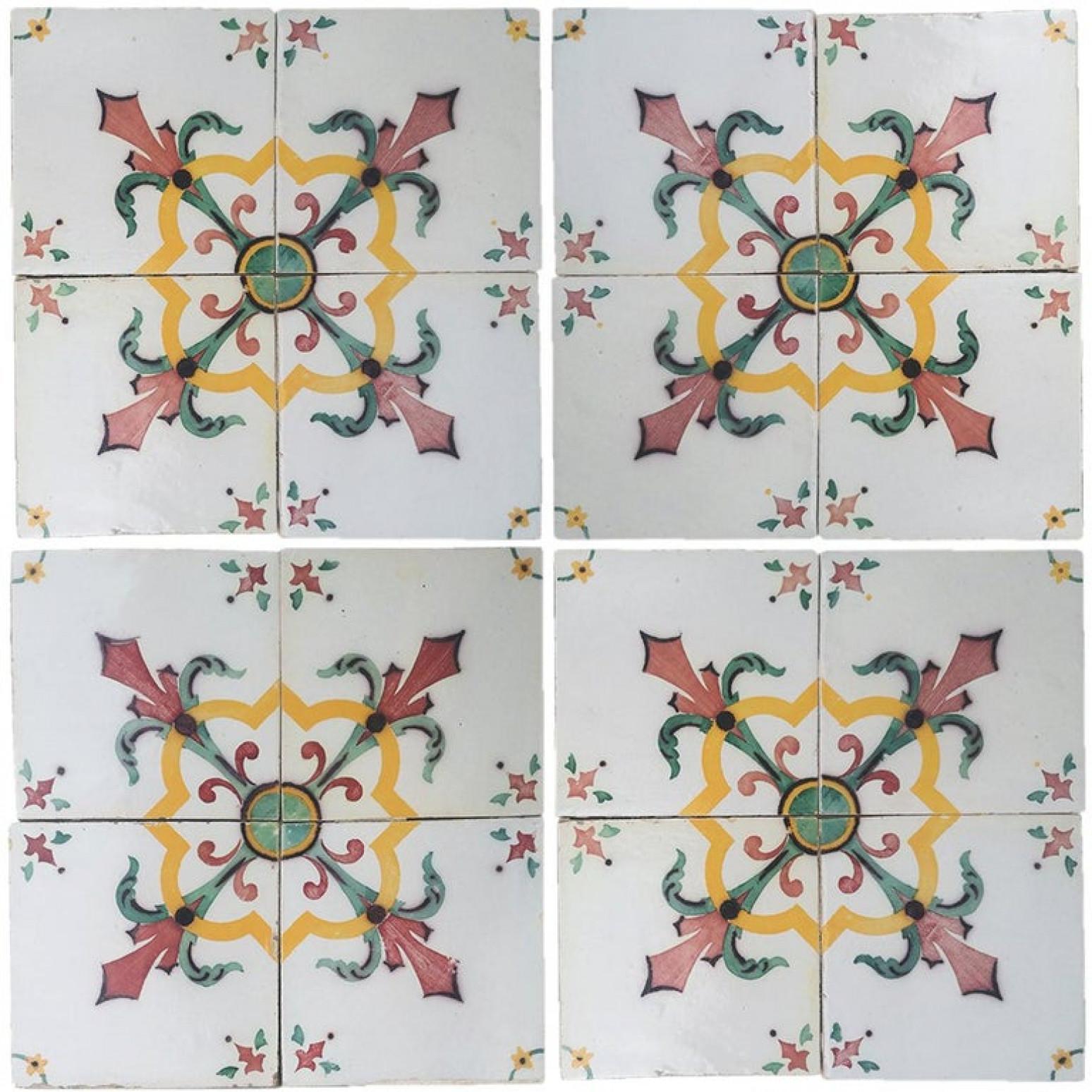 One of 52 antique French handmade ceramic tiles. Manufactured by Devres, circa 1920s. Colorful pattern in yellow, red and green. These tiles would be charming displayed on easels, framed or incorporated into a custom tile design.

Please notice the