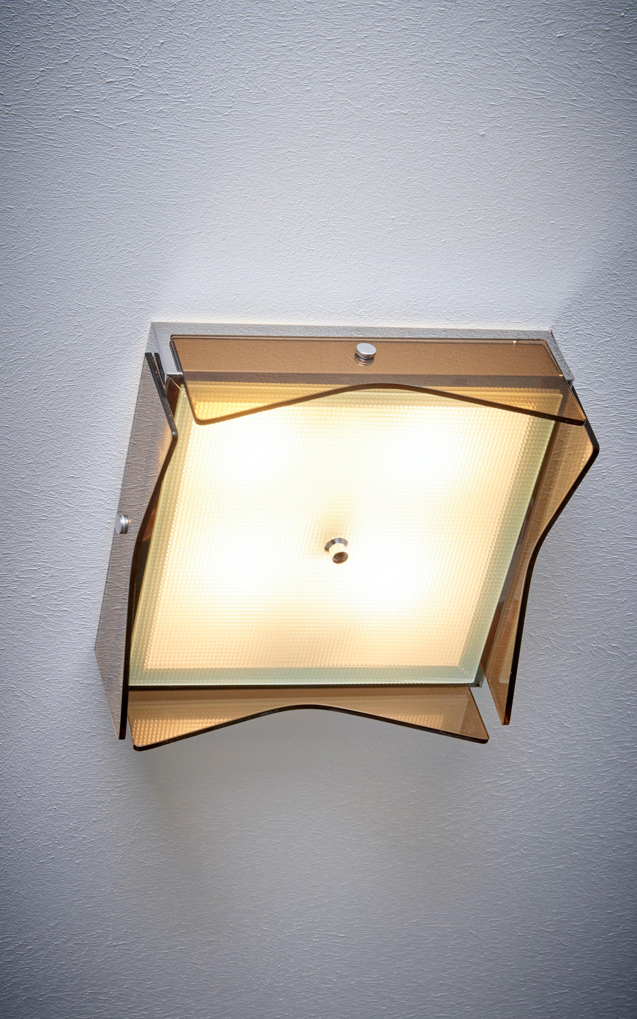 Mid-Century Modern 1 of 5 1960s Design Flush Mount in Tinted Brown Glass, Nos Italy For Sale