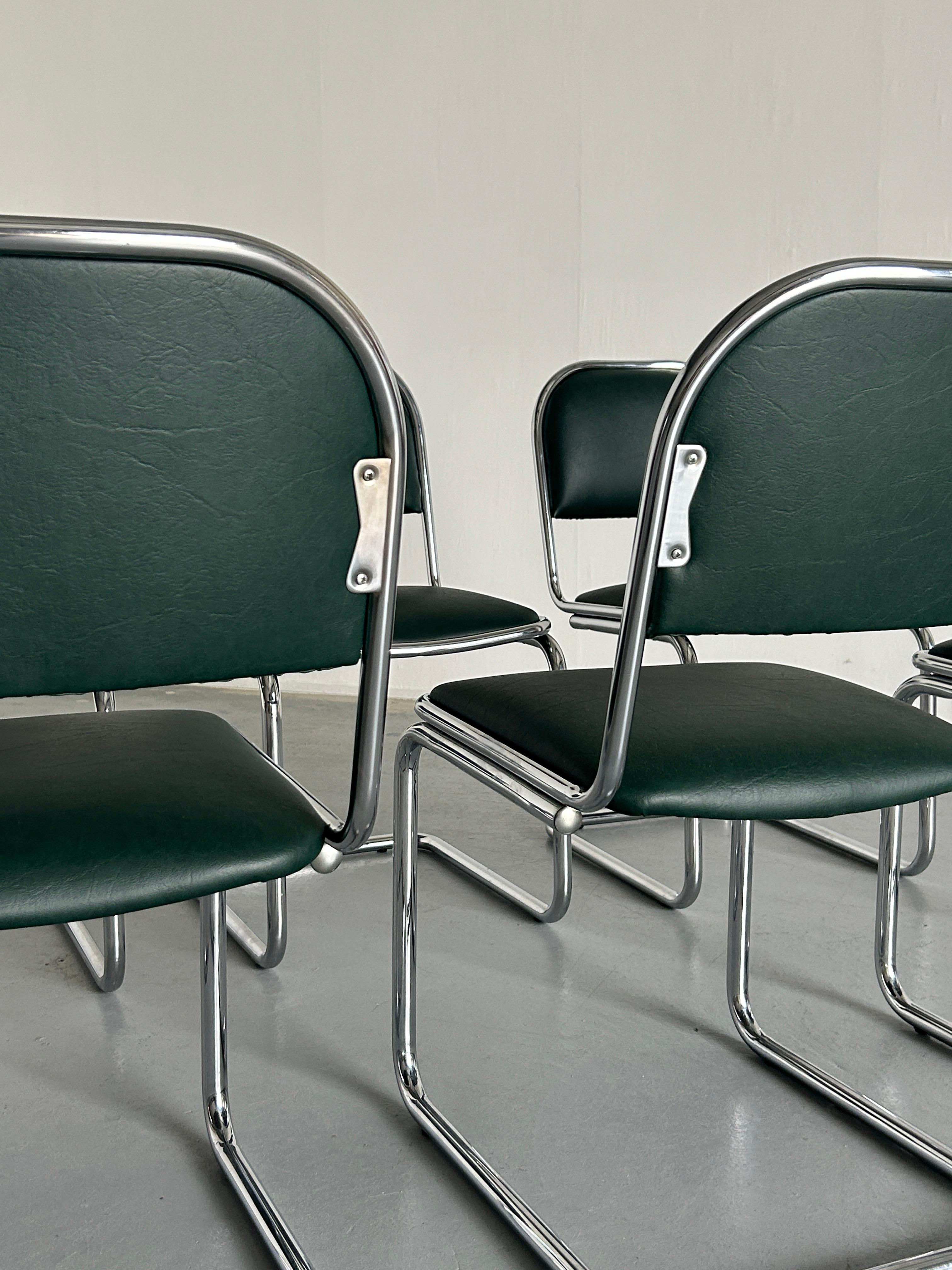  1 of 6 Bauhaus Design Chrome Tubular Steel and Green Faux Leather Chairs, 1980s For Sale 8