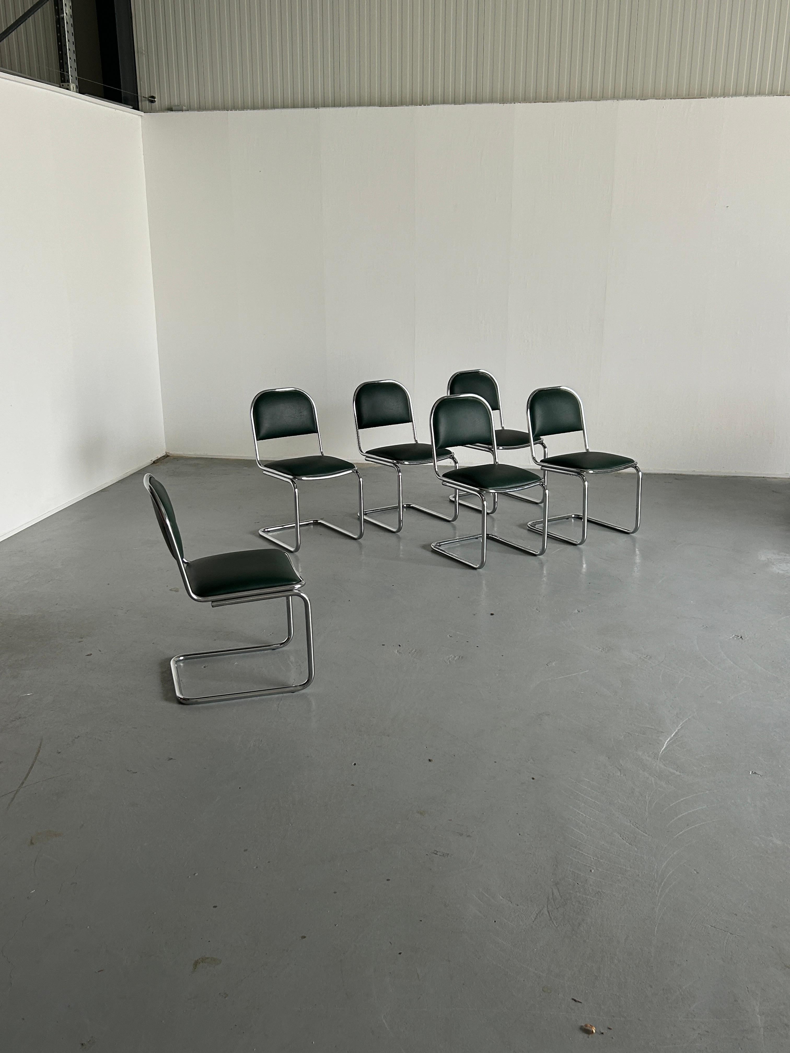 Italian  1 of 6 Bauhaus Design Chrome Tubular Steel and Green Faux Leather Chairs, 1980s For Sale