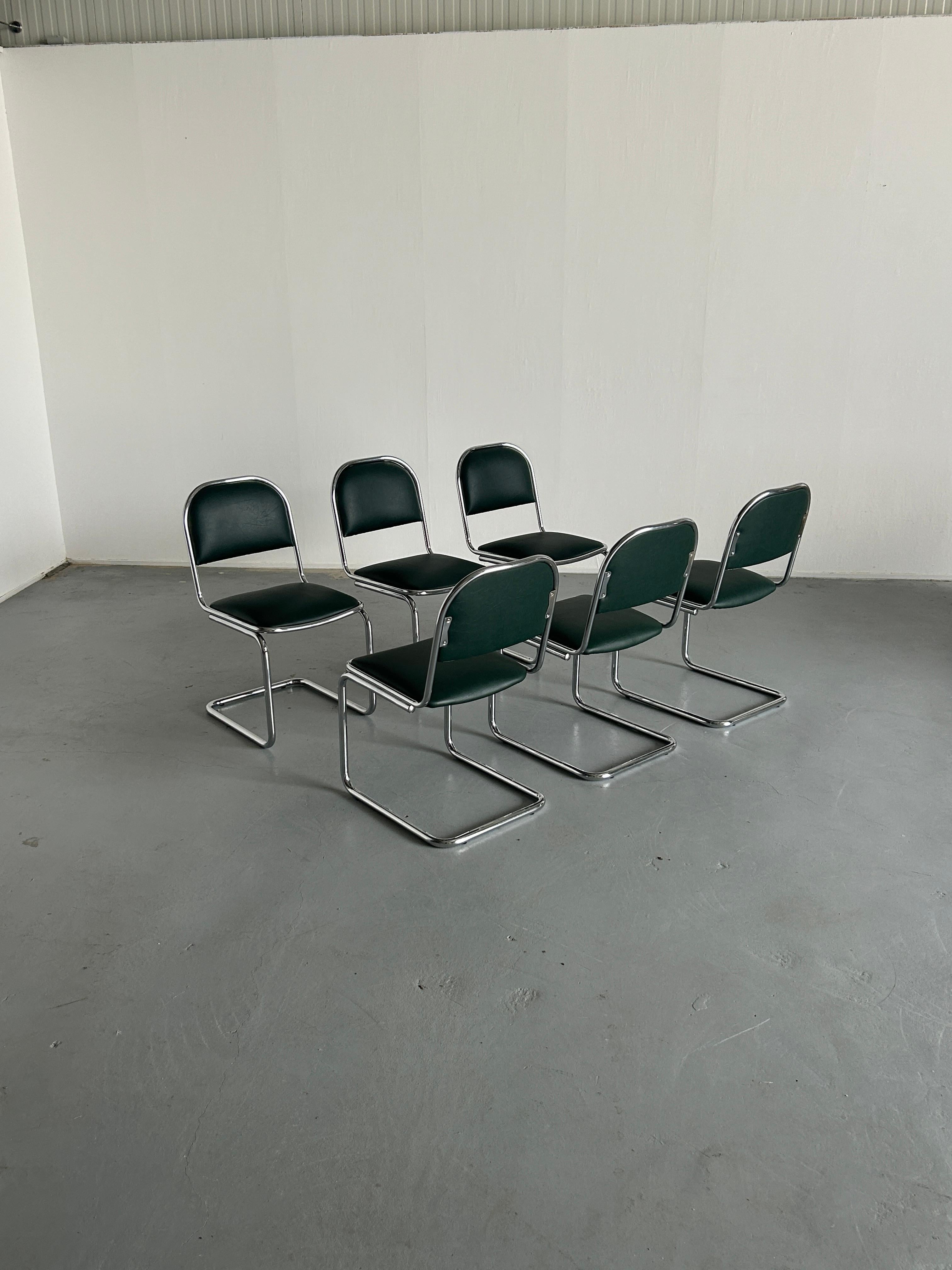  1 of 6 Bauhaus Design Chrome Tubular Steel and Green Faux Leather Chairs, 1980s In Good Condition For Sale In Zagreb, HR
