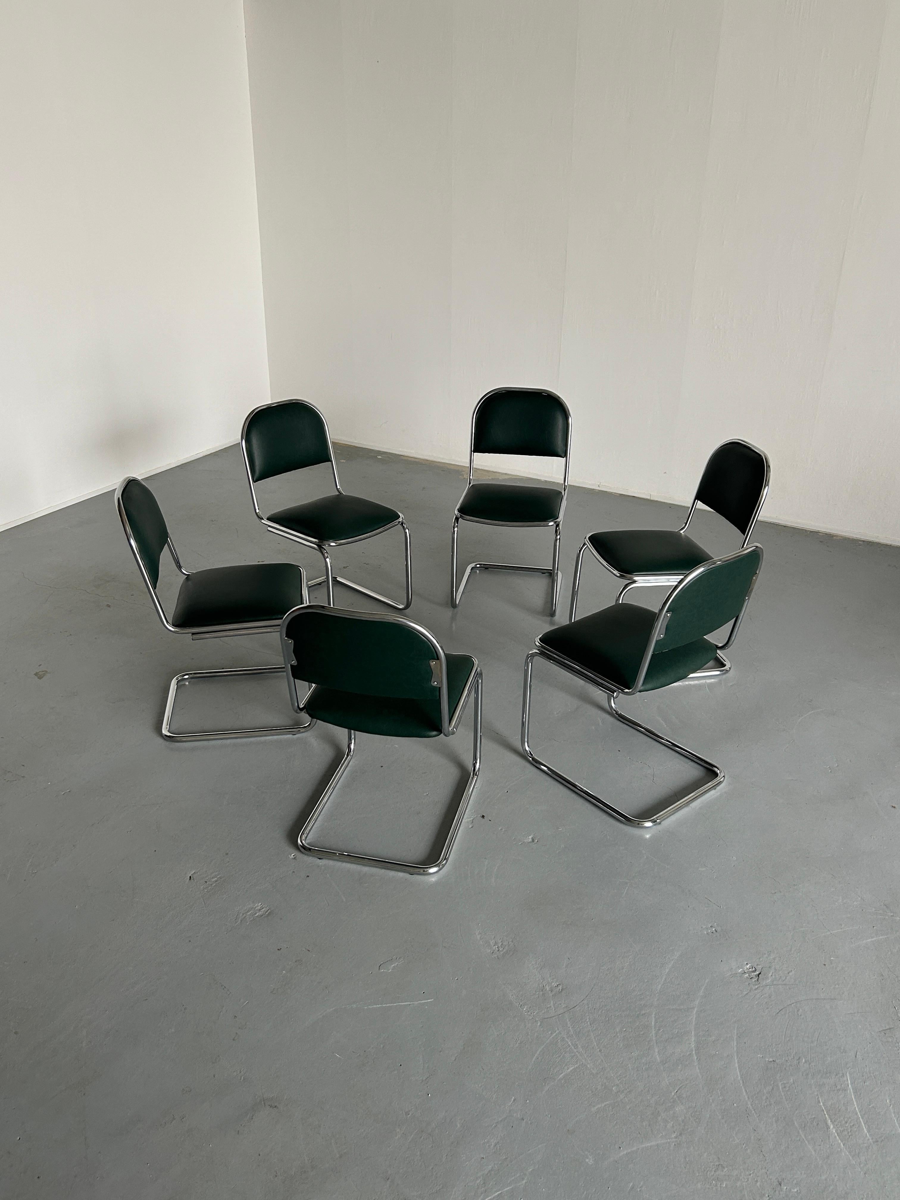 Late 20th Century  1 of 6 Bauhaus Design Chrome Tubular Steel and Green Faux Leather Chairs, 1980s For Sale