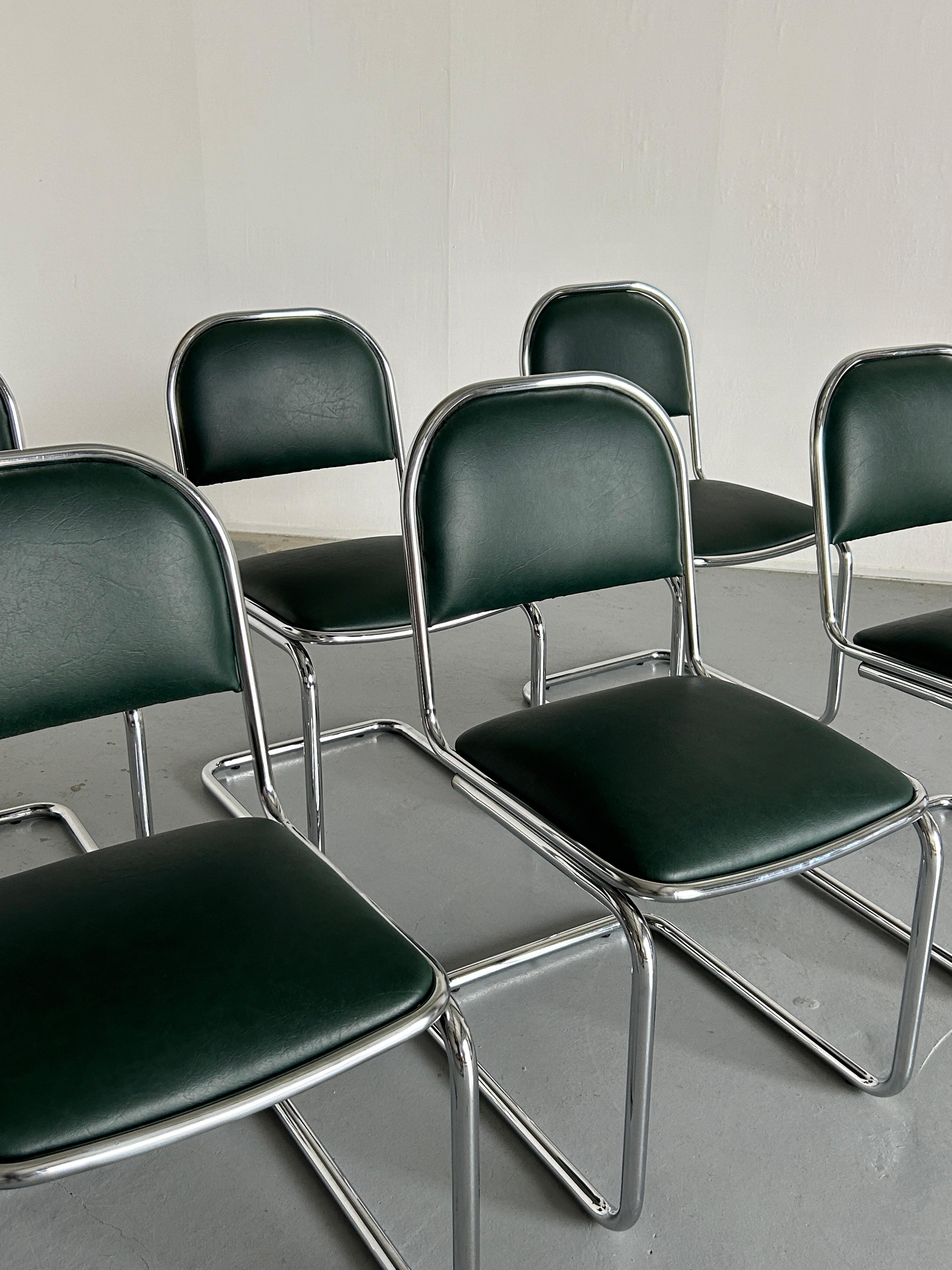  1 of 6 Bauhaus Design Chrome Tubular Steel and Green Faux Leather Chairs, 1980s For Sale 1