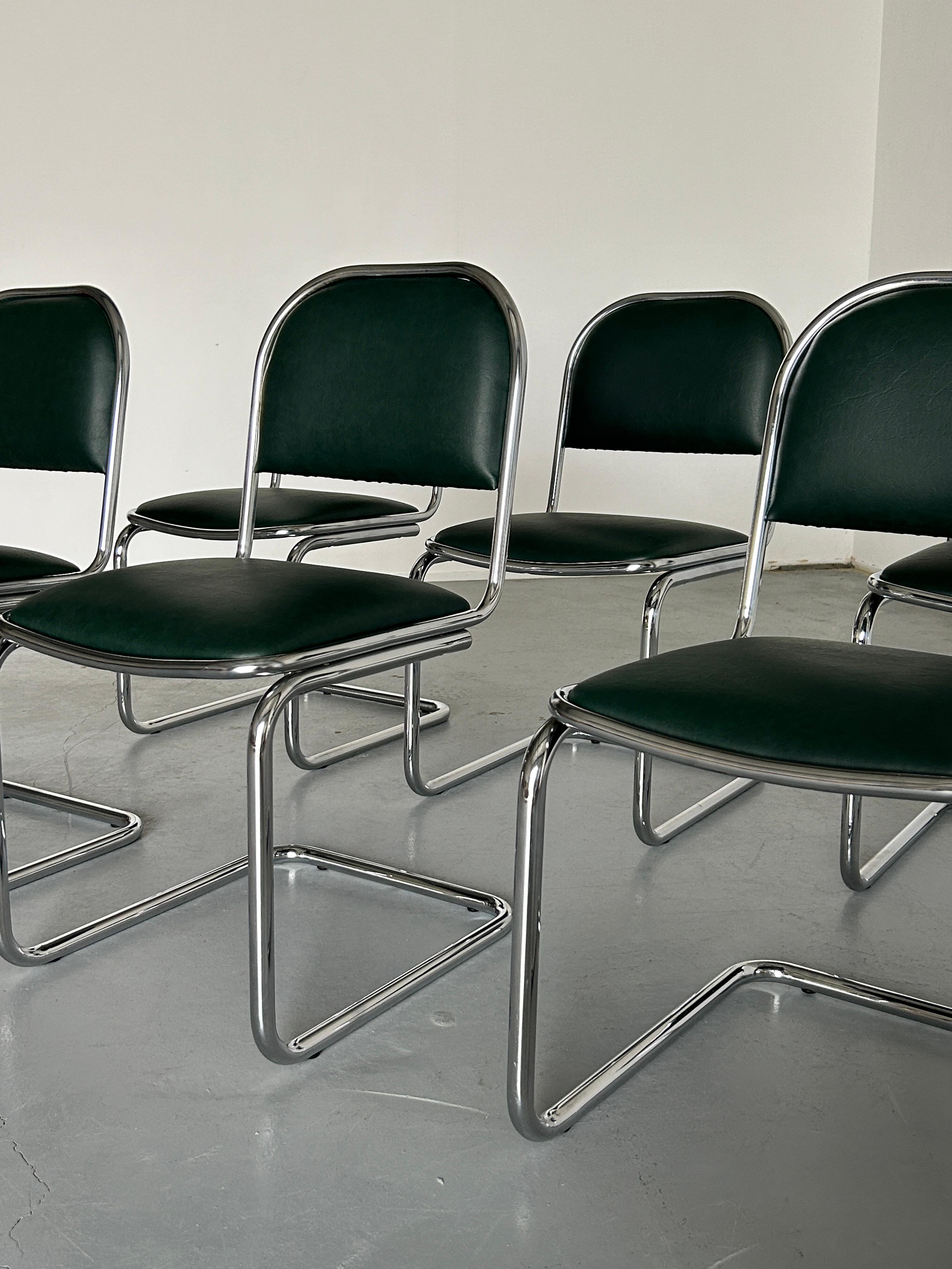  1 of 6 Bauhaus Design Chrome Tubular Steel and Green Faux Leather Chairs, 1980s For Sale 2