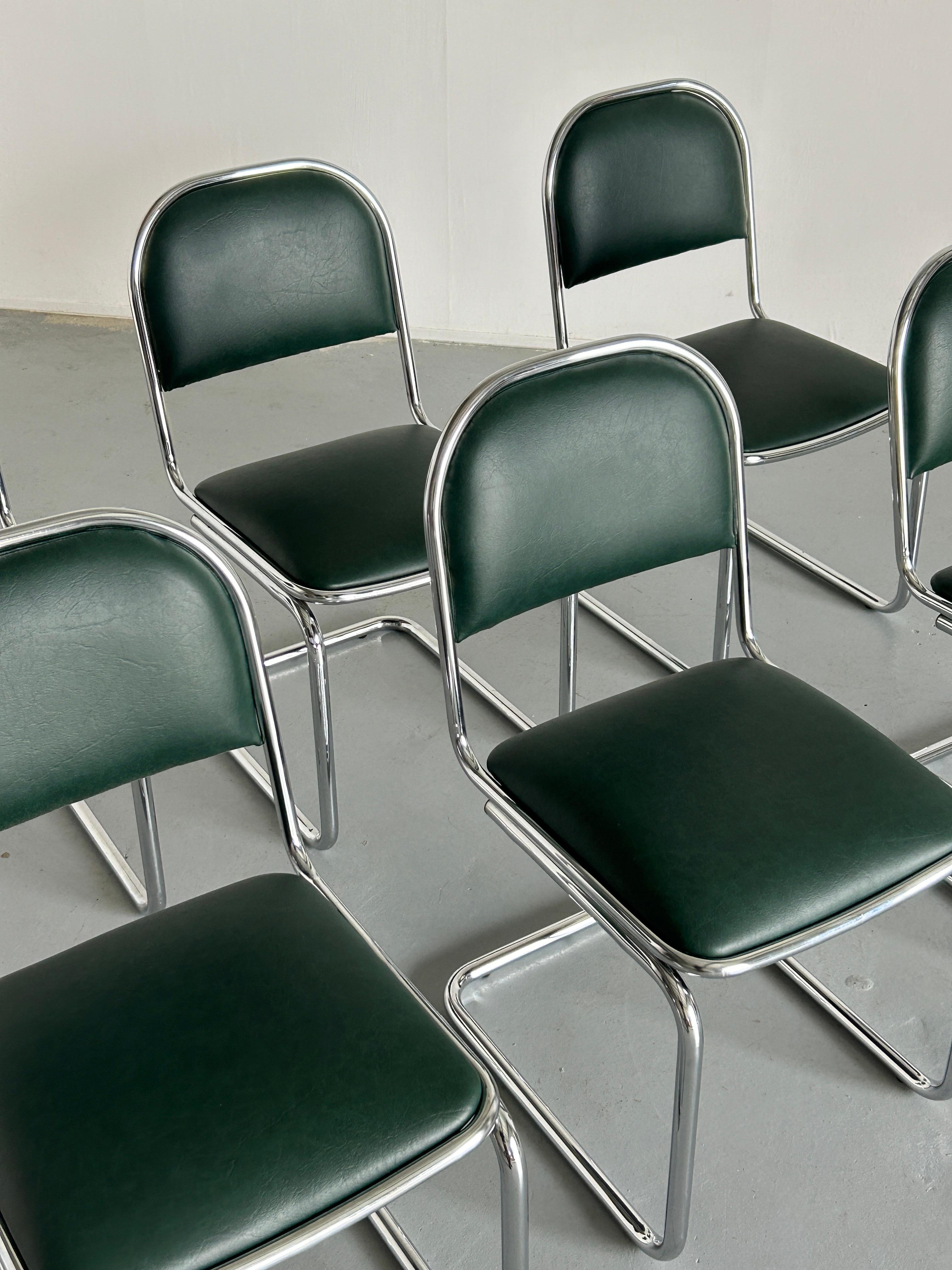  1 of 6 Bauhaus Design Chrome Tubular Steel and Green Faux Leather Chairs, 1980s For Sale 3