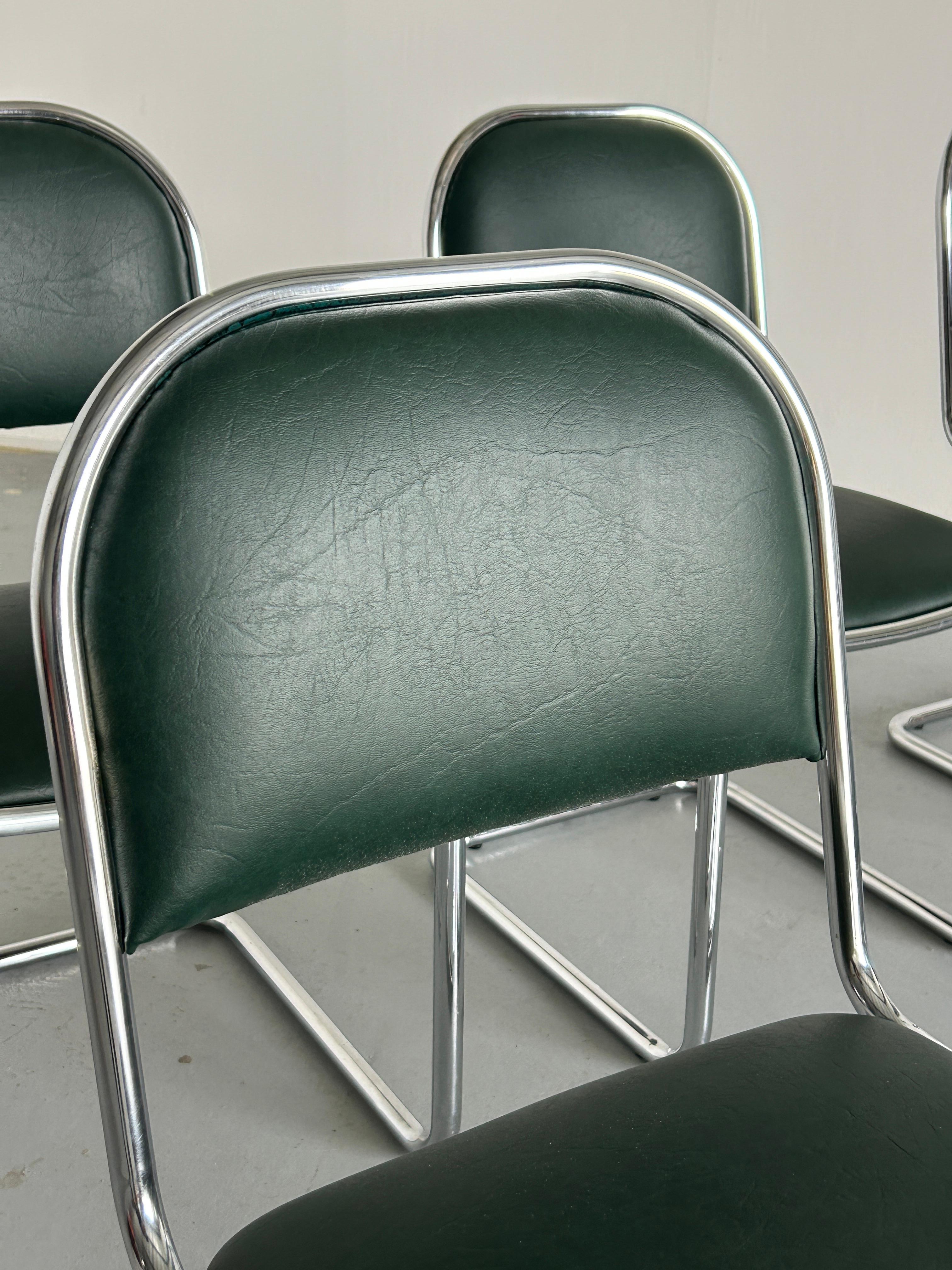  1 of 6 Bauhaus Design Chrome Tubular Steel and Green Faux Leather Chairs, 1980s For Sale 4