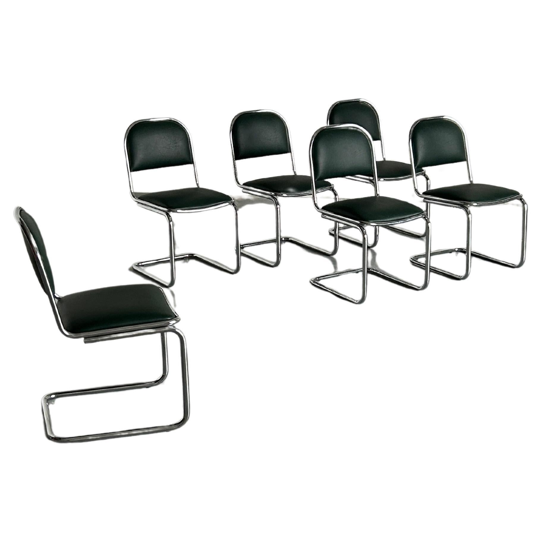  1 of 6 Bauhaus Design Chrome Tubular Steel and Green Faux Leather Chairs, 1980s For Sale