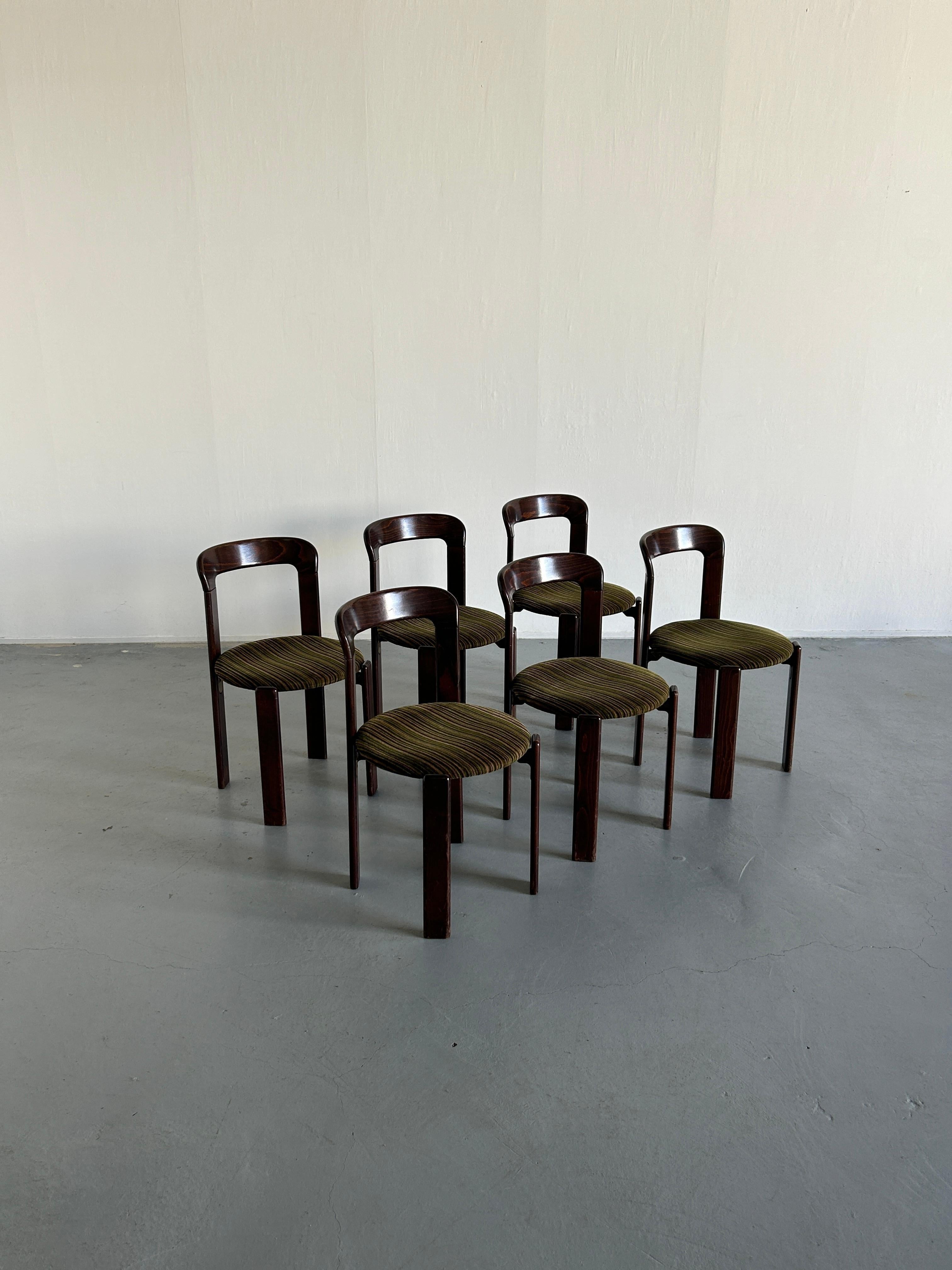 Six Mid-Century-Modern dining chairs designed by Bruno Rey in the 1970s. 
Iconic design, produced by the well known Germany manufacturer Kusch+Co in the early 1980s.
Sourced from the original owners.

The dining chairs were made of solid beech,